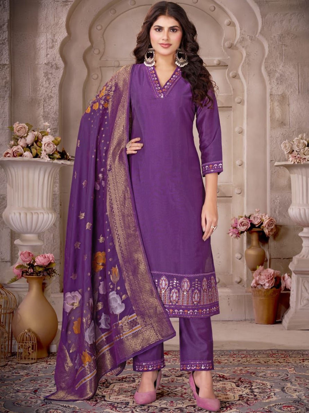 

PARROT CREATION Embroidered Sequinned V-Neck Pure Silk Kurta With Trousers And Dupatta, Purple