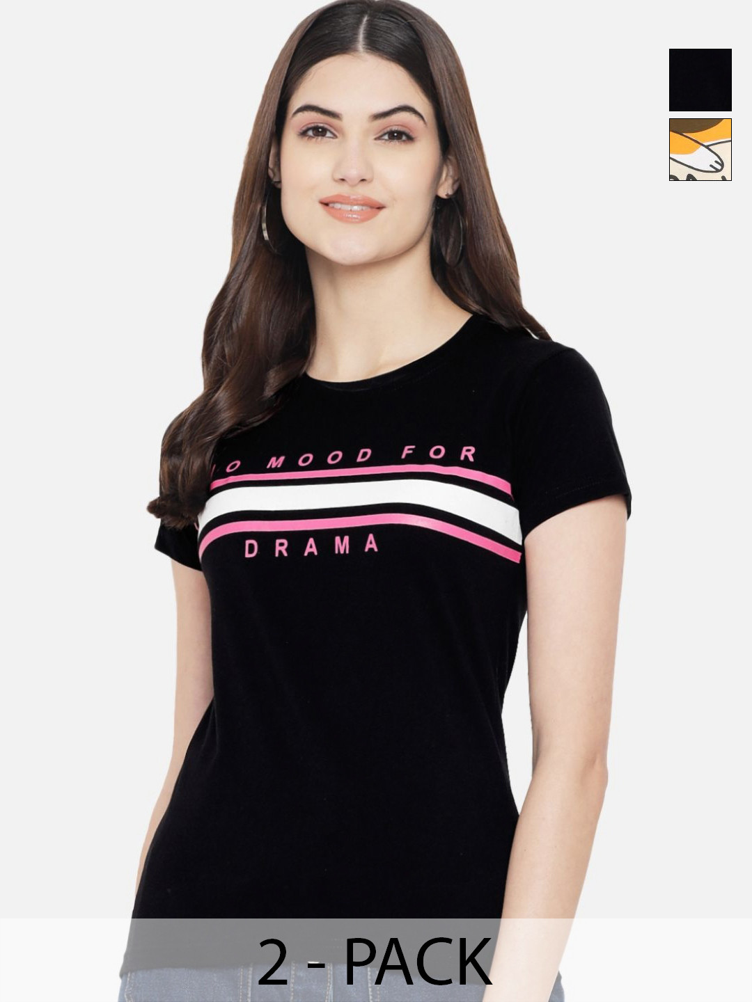 

Dreambe Women Pack Of 2 Graphic Printed Round Neck Cotton T-shirts, Beige