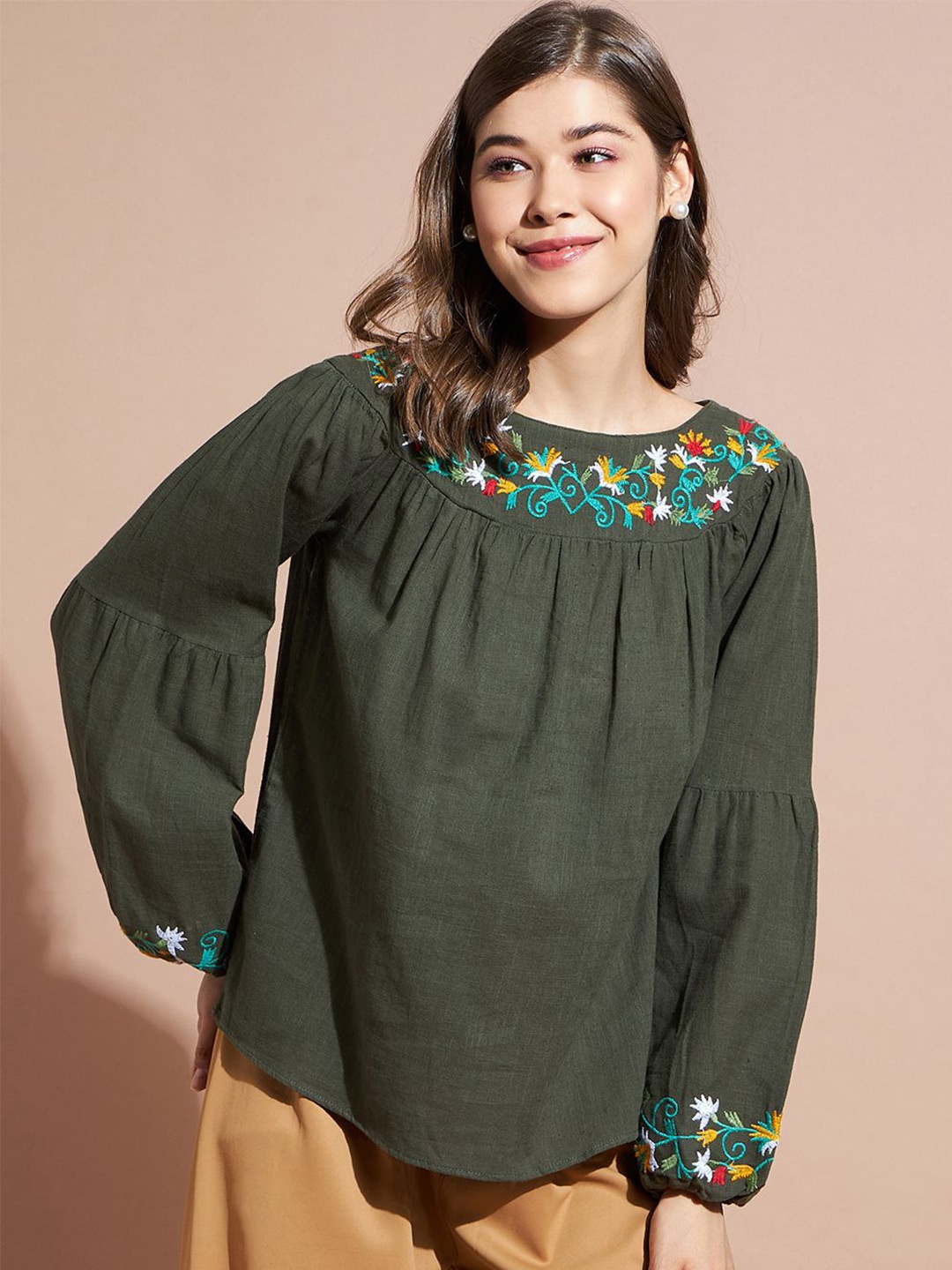 

DressBerry Women Floral Embroidered Puff Sleeves Top, Olive