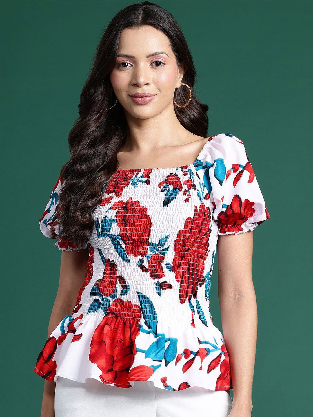 

DressBerry Women Floral Printed Puff Sleeves Peplum Top, White