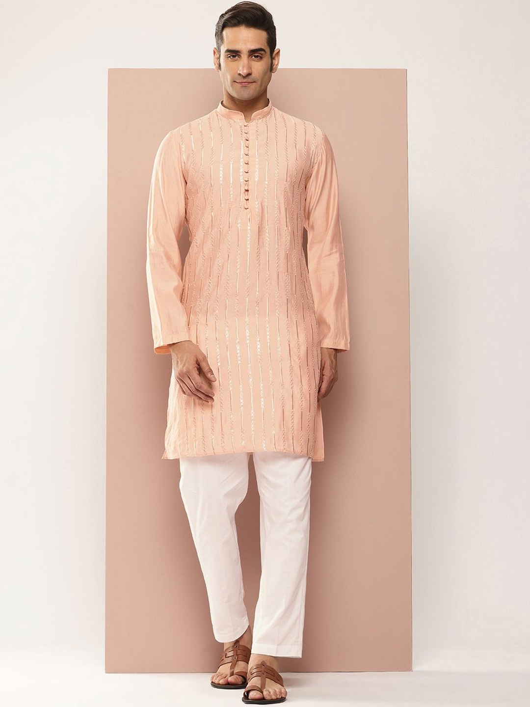 

See Designs Striped Embroidered Sequinned Mandarin Collar Chanderi Silk Straight Kurta, Pink