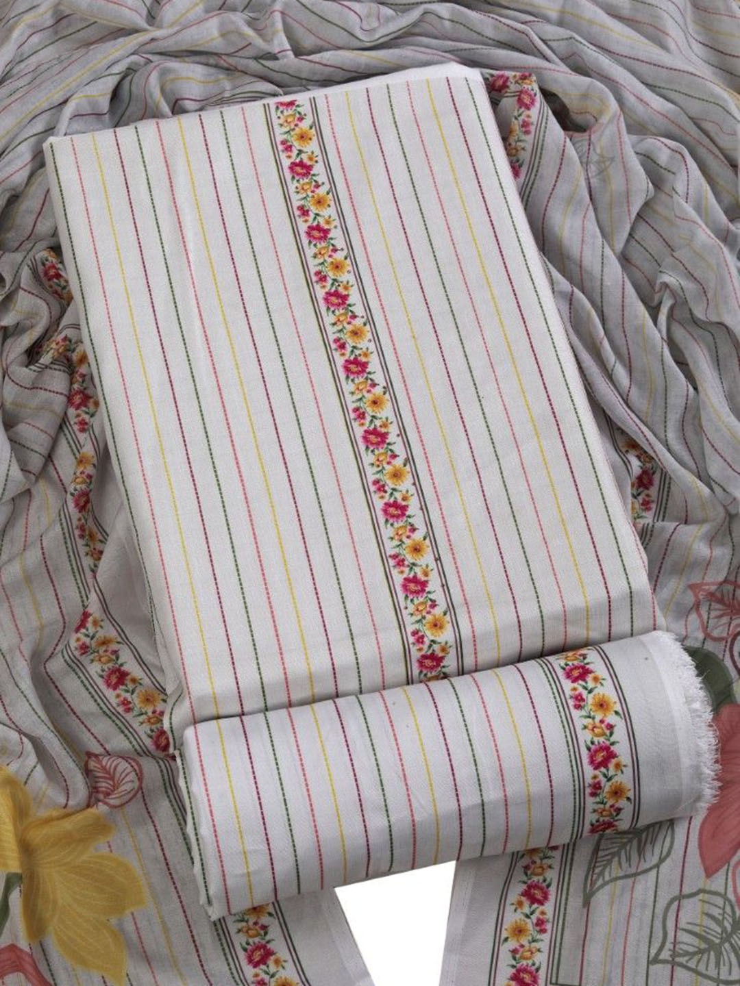

Riti Floral Printed Cotton Blend Unstitched Dress Material, Cream