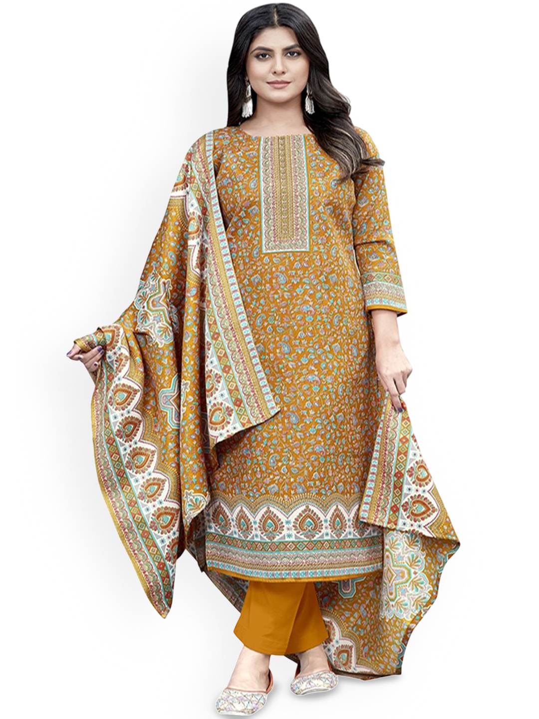 

DRAVINAM Trends Floral Printed Sequnnied Pashmina Unstitched Dress Material, Yellow