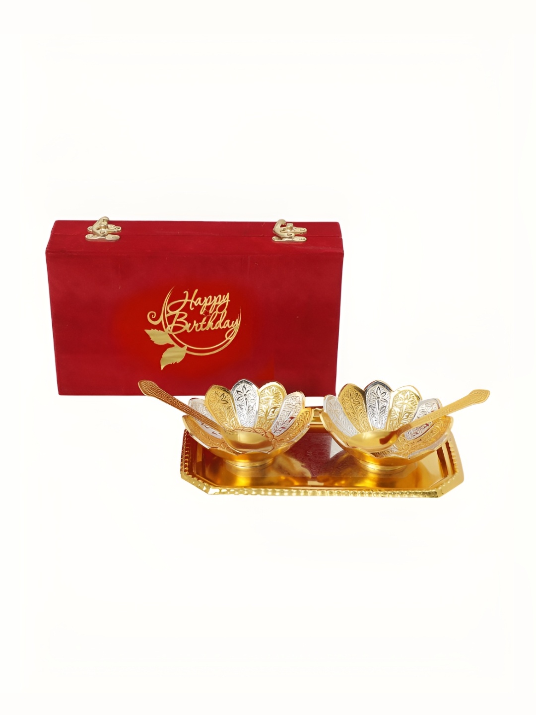 

INTERNATIONAL GIFT Silver & Gold-Toned 6 PCS Bowl Set With Tray & Spoons With Velvet Box