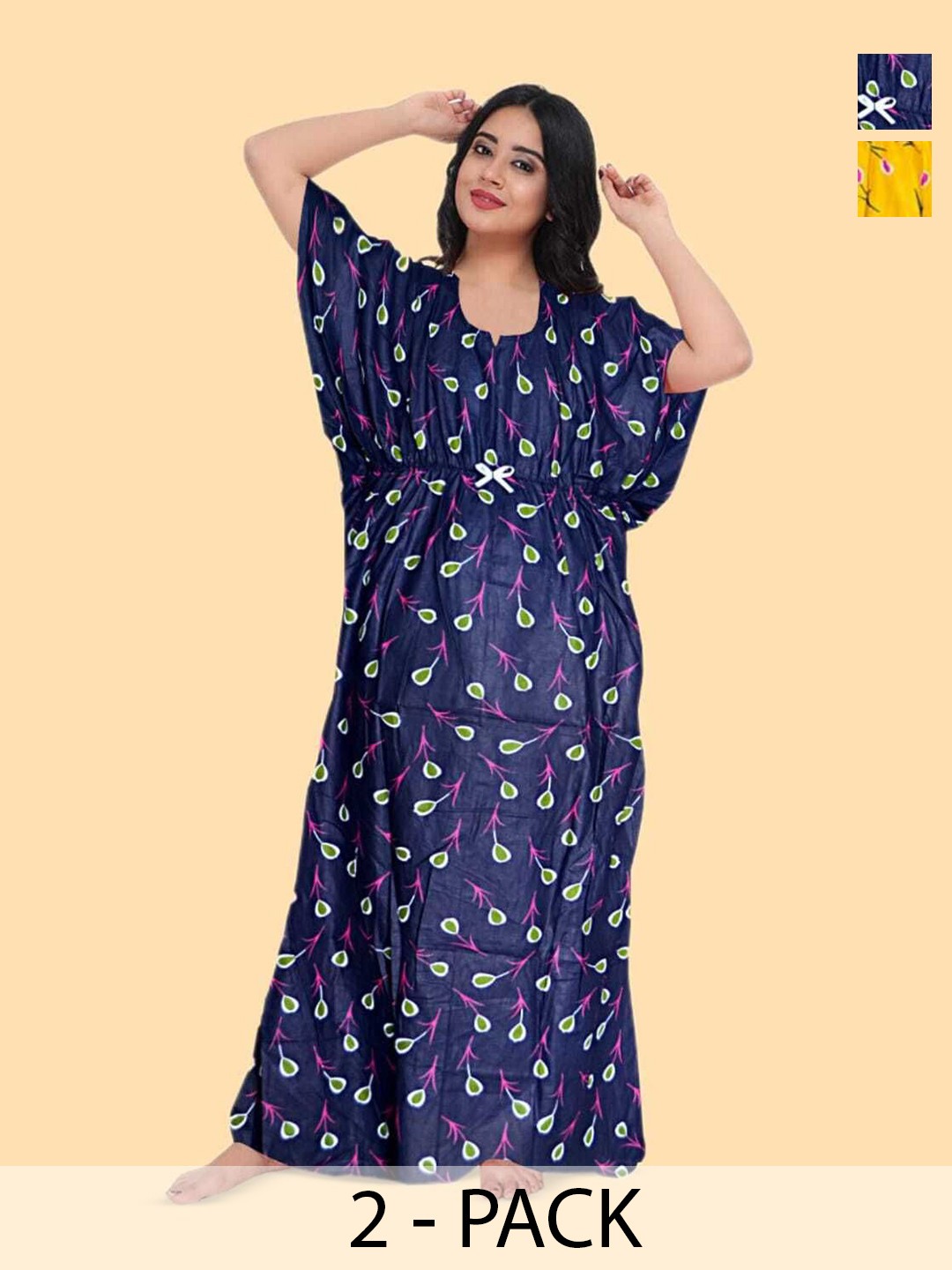 

PR PINK ROYAL Women Pack of 2 Pure Cotton Maxi Kaftan Nightdress, Blue