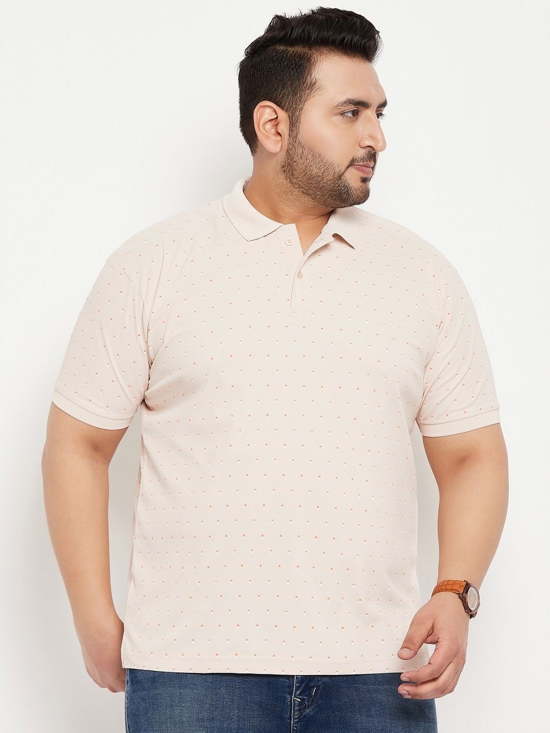 

NYKER Men Plus Size Geometric Printed Polo Collar Cotton T-shirt, Beige