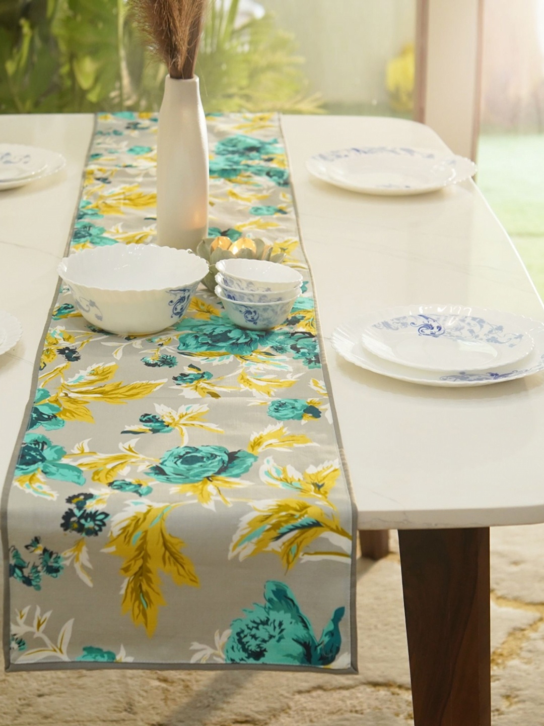 

WOODEN STREET Aqua Bouquet Grey & Blue Floral Printed Pure Cotton Table Runner