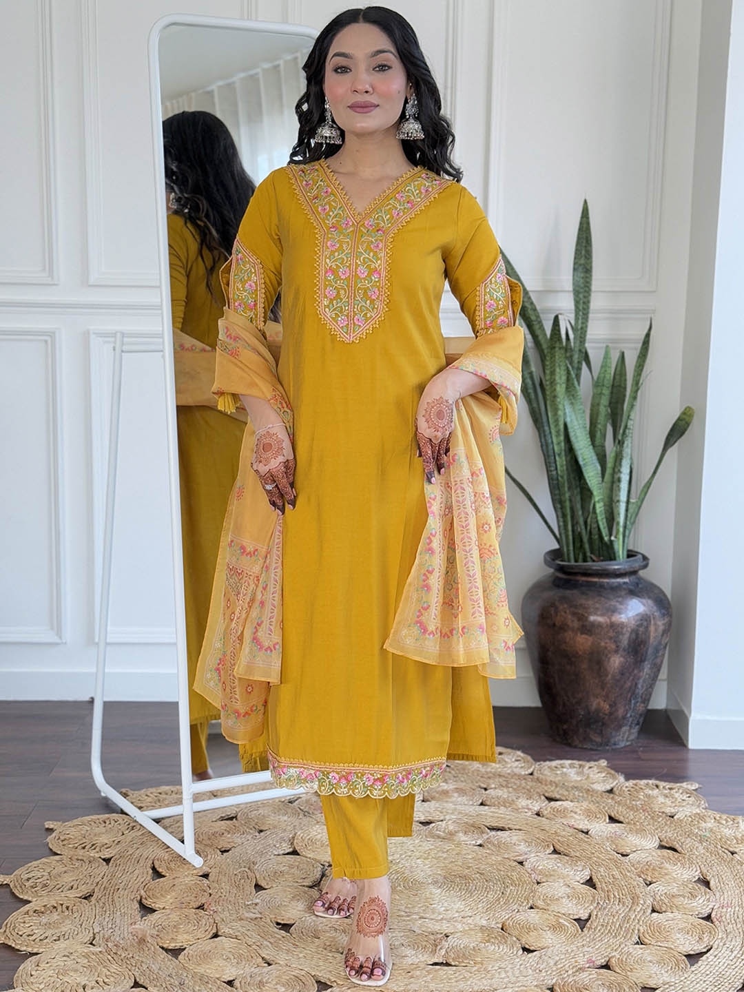 

PARNAVI Floral Embroidered Thread Work V-Neck Straight Kurta With Trousers & Dupatta, Mustard
