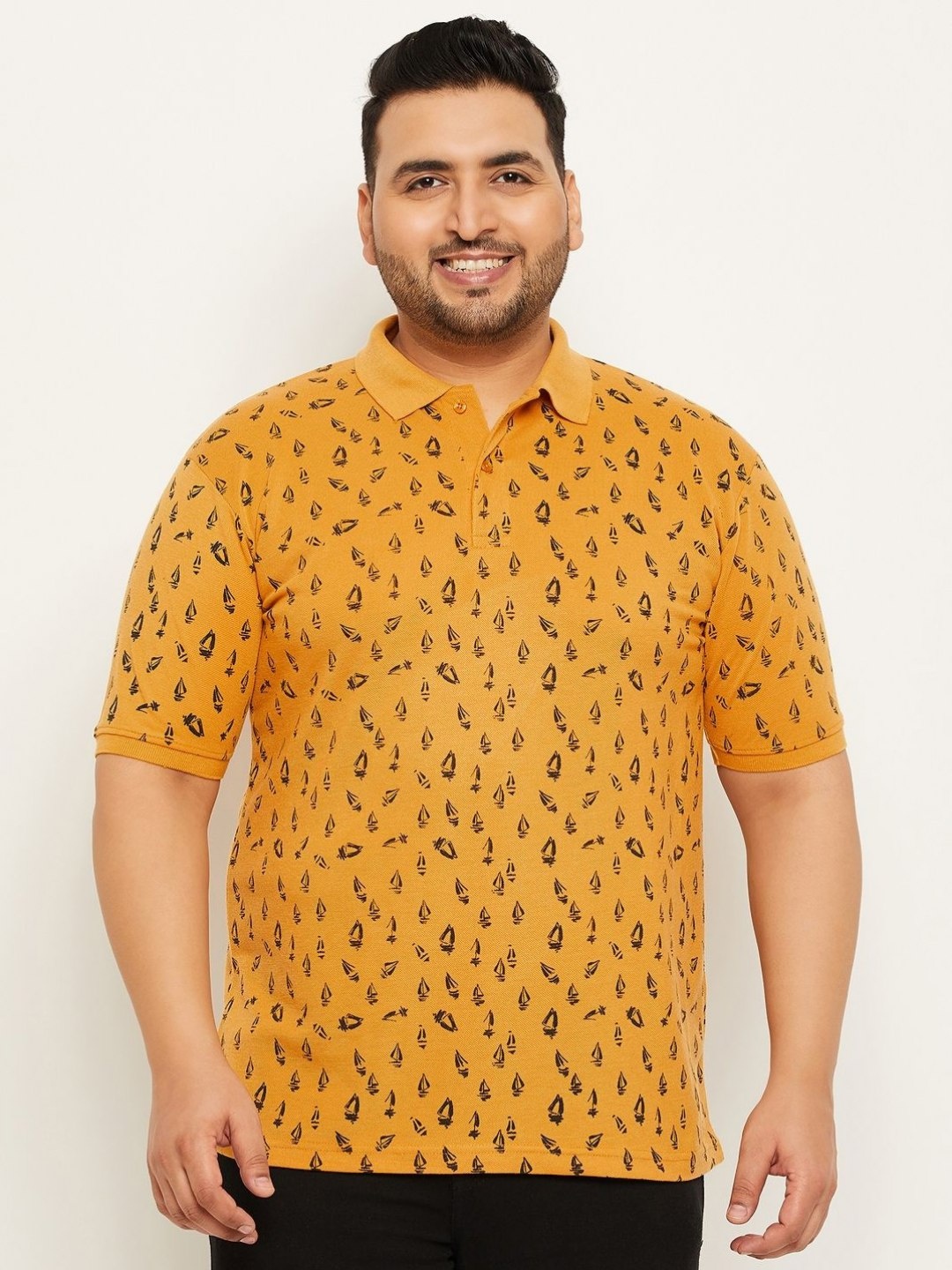 

NYKER Men Plus Size Conversational Printed Polo Collar Cotton T-shirt, Mustard