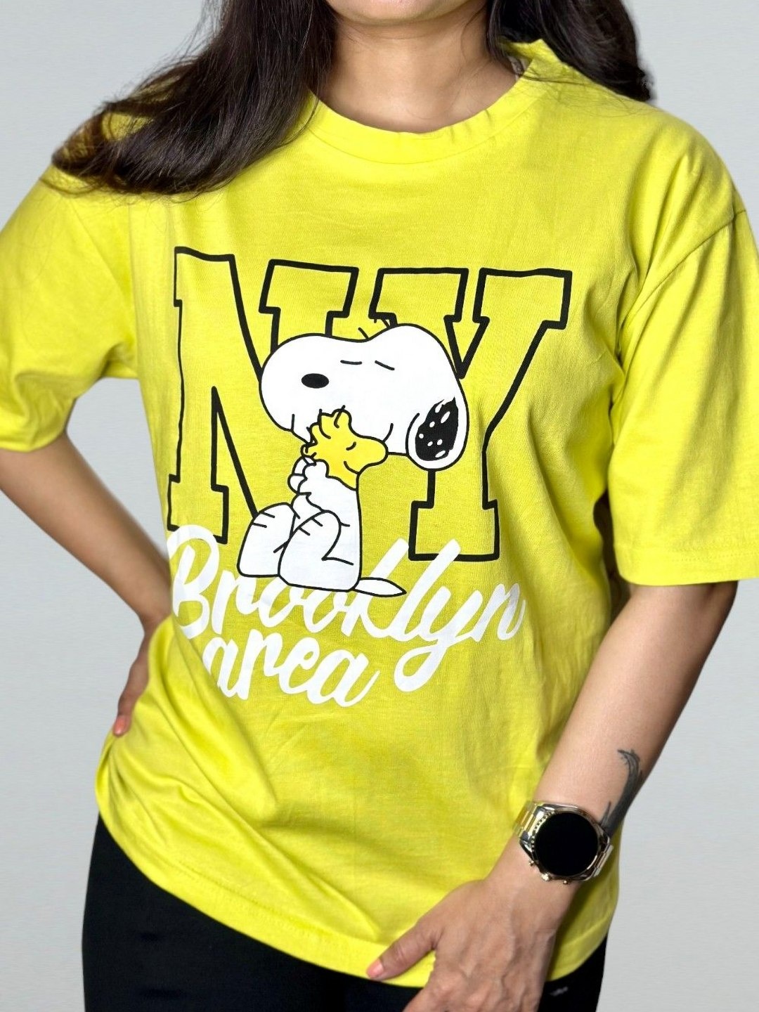 

HOW House Of Wear Women Peanuts Graphic Printed Round Neck Oversized T-shirt, Yellow