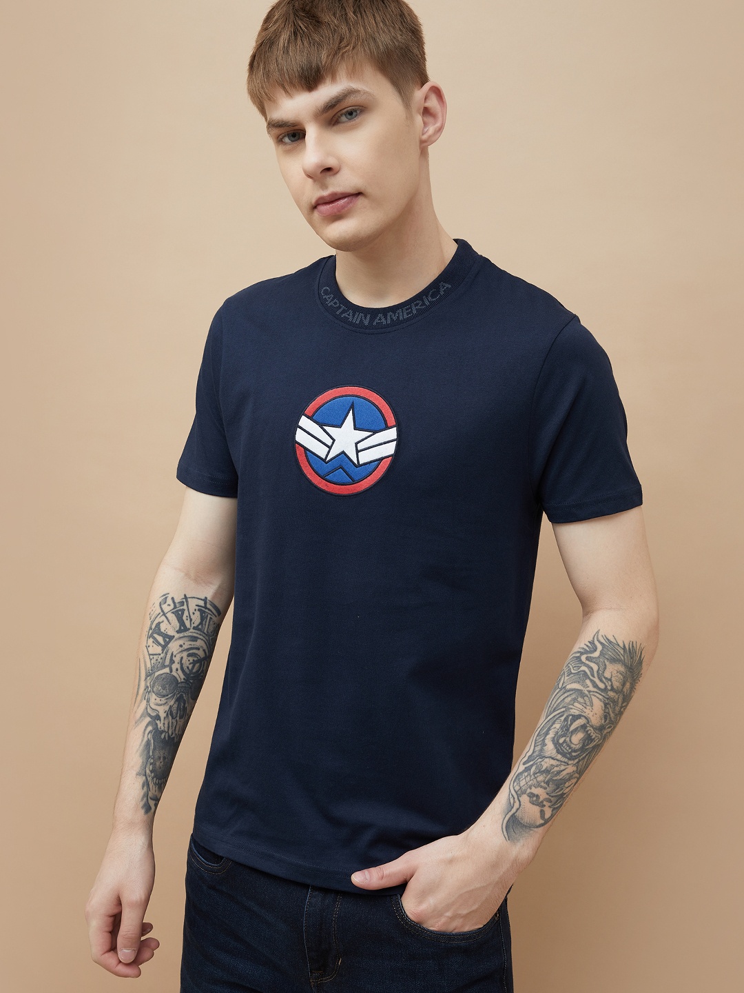 

Fame Forever by Lifestyle Men Captain America Graphic Printed Round Neck Cotton T-shirt, Navy blue