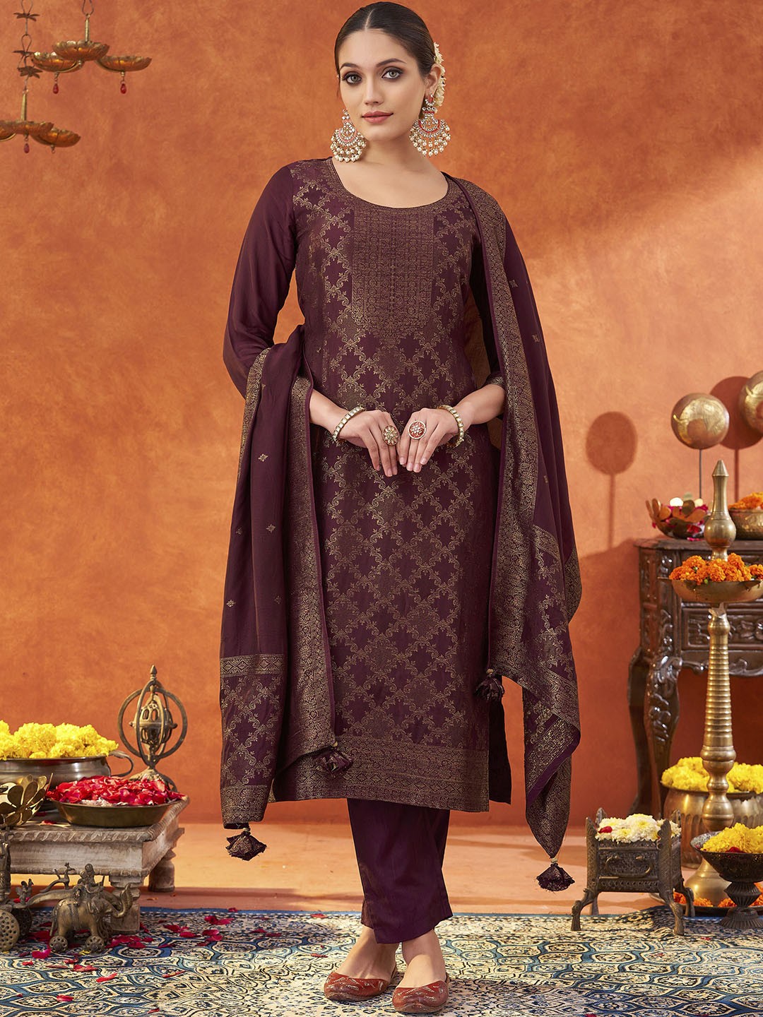 

Saanjh Ethnic Motifs Woven Design Pure Muslin Jacquard Straight Kurta & Trousers & Dupatta, Burgundy