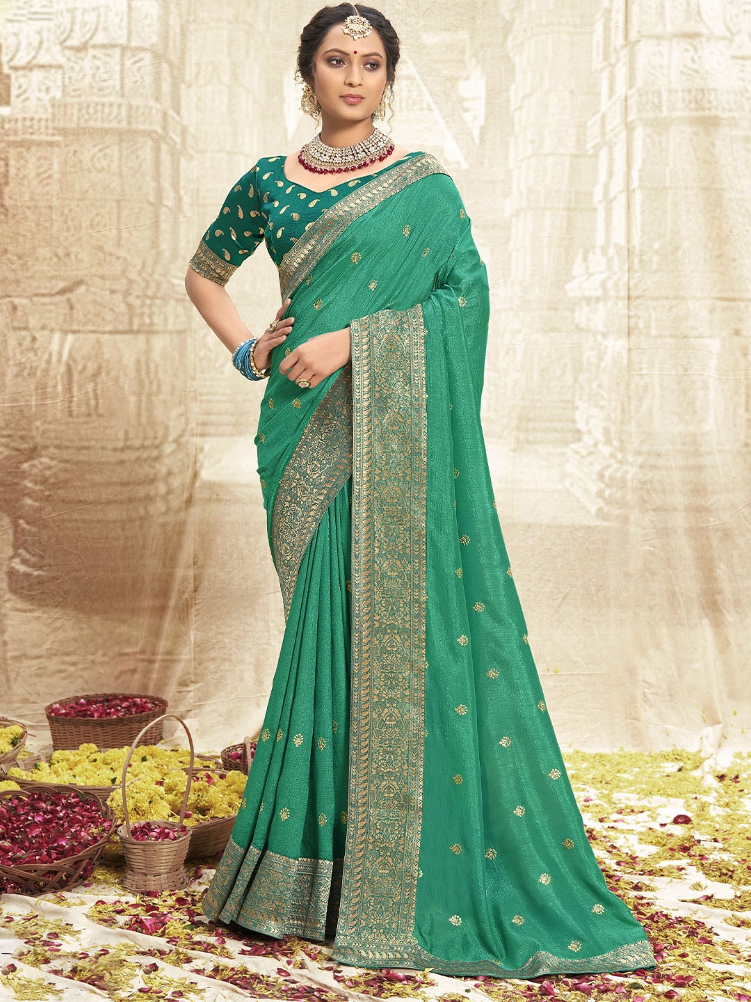 

A.V.M. SILK MILLS Ethnic Motifs Zari Pure Georgette Saree, Green