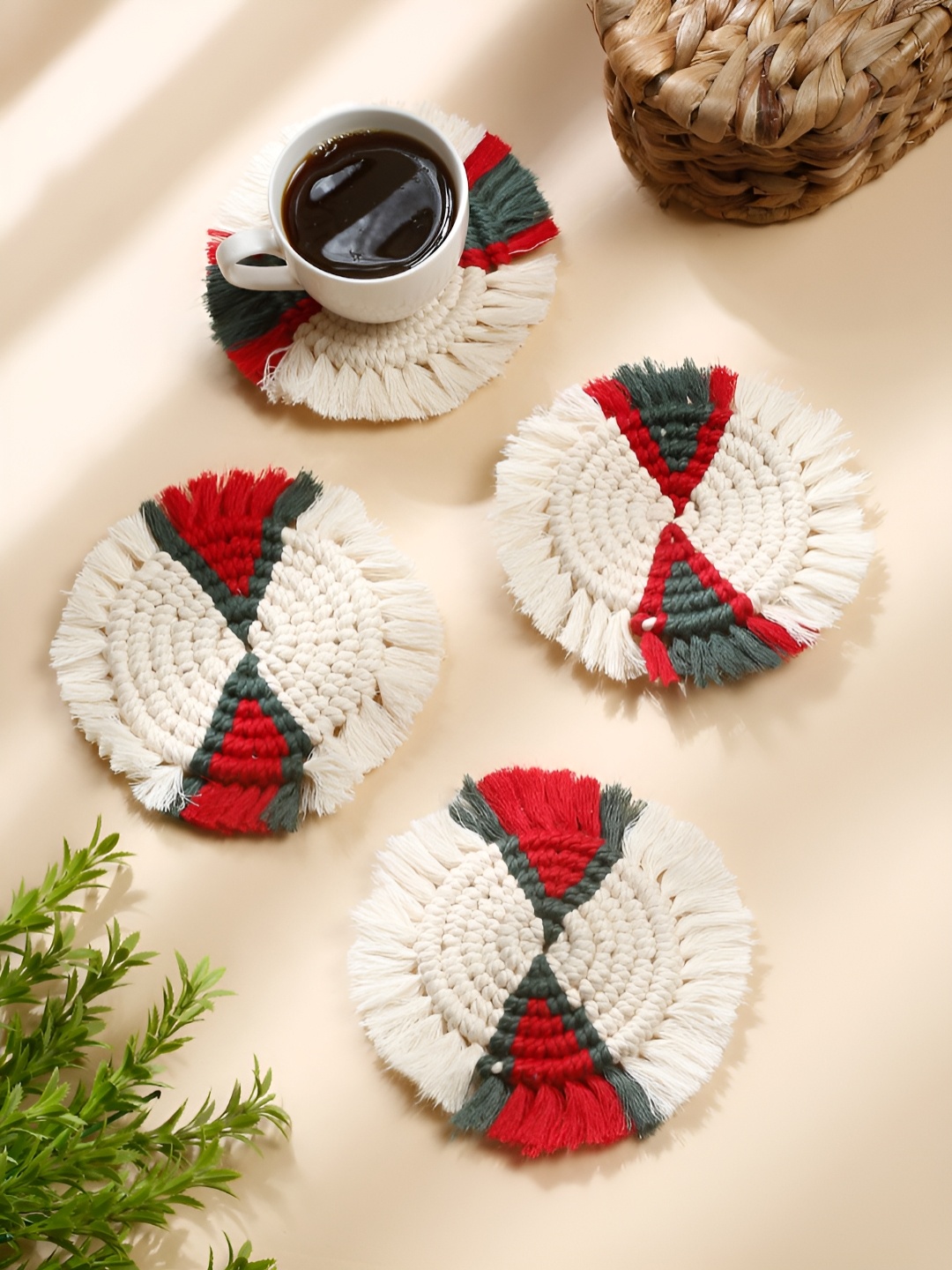 

My Creative Hut Red & Beige 4 Pcs Bohomian Cotton Round Coasters
