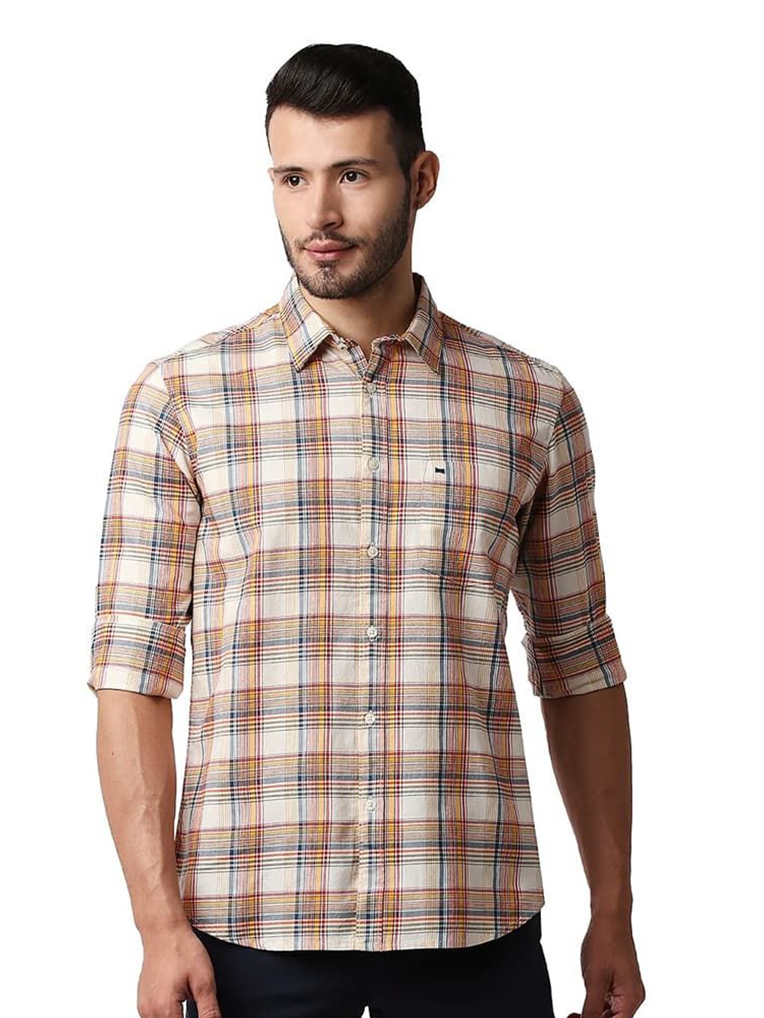 

Basics Men Relaxed Fit Spread Collar Tartan Checked Cotton Casual Shirt, White