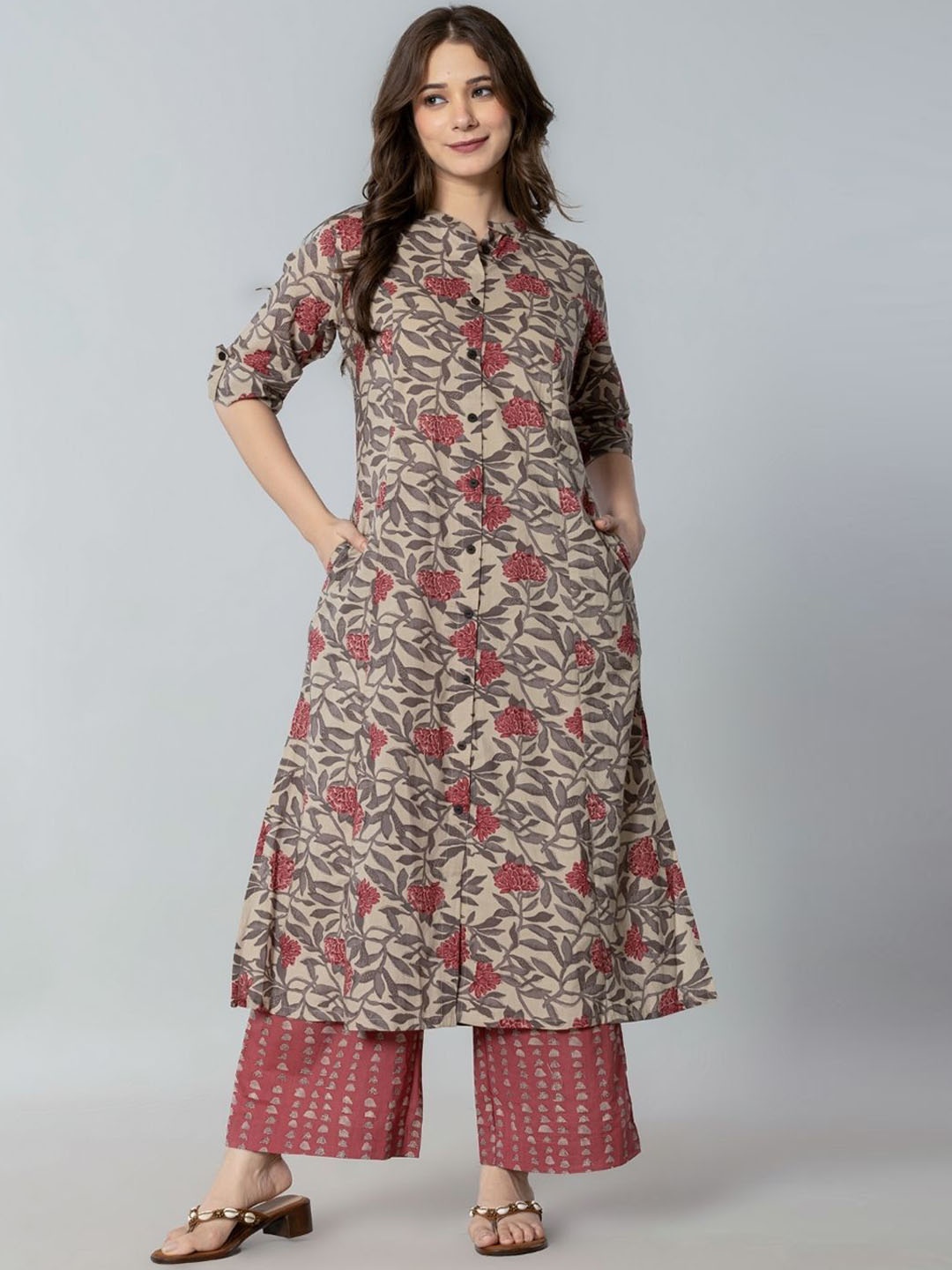 

Amayra Floral Printed Mandarin Collar Pure Cotton A-Line Kurta With Palazzos, Beige