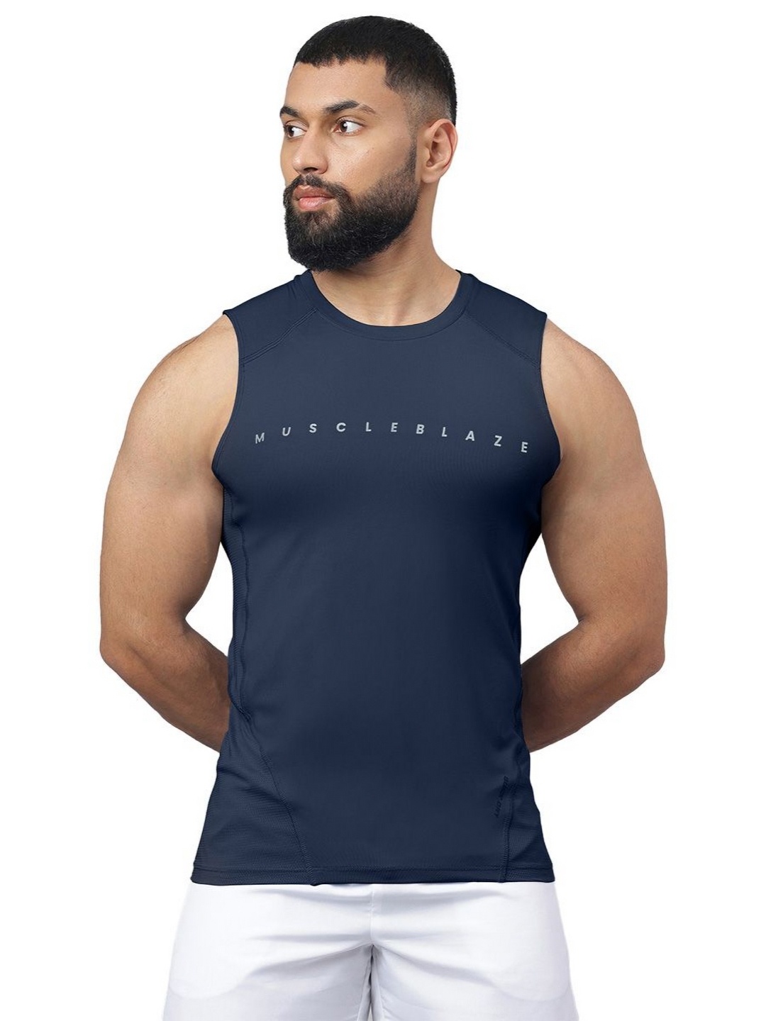 

MuscleBlaze Men Brand Logo Printed Round Neck Compression T-shirt, Navy blue