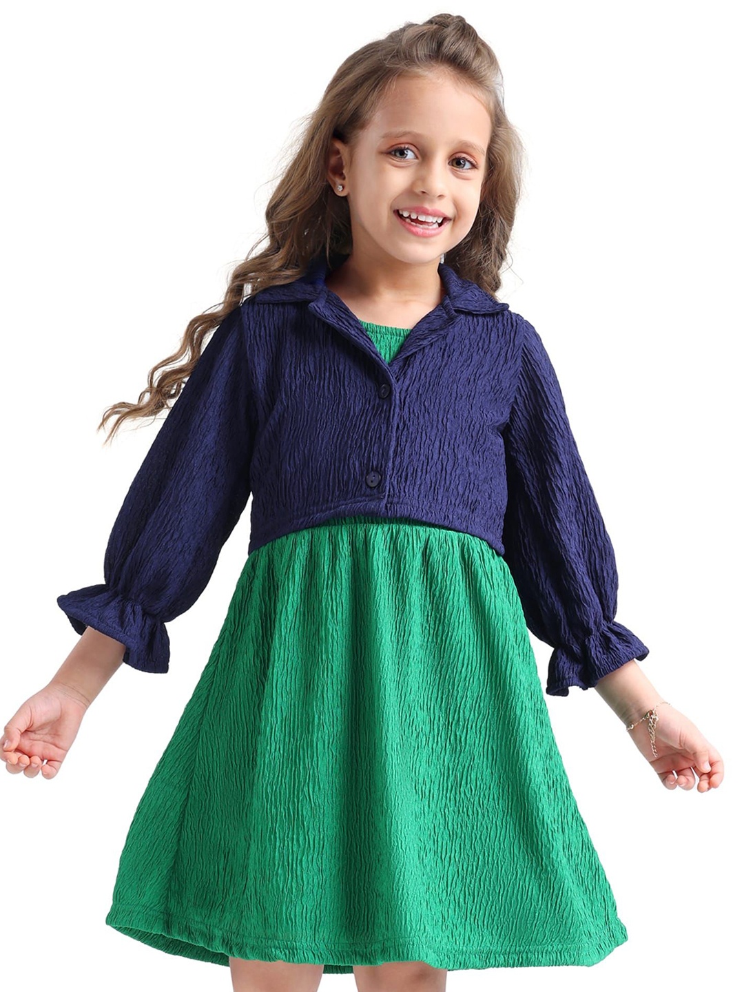 

Hola Bonita Girls Textured Fit and Flare Dress With Jacket, Green