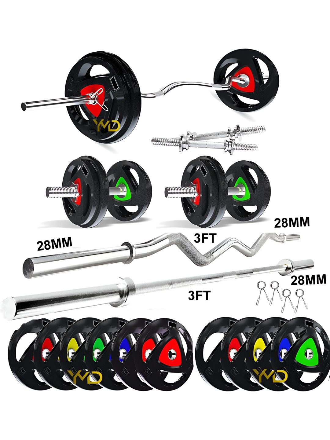 

YMD Set of 14 Premium Rubber Plates (2.5KGx6Pc) 3FT Curl & 3FT Straight 28MM Rod, Silver