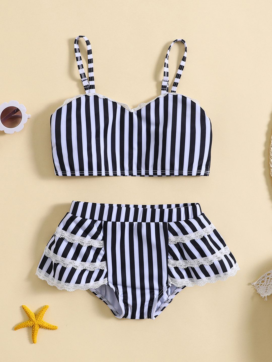 

YK Girls Striped Shoulder Straps Swim Bikini Set, White