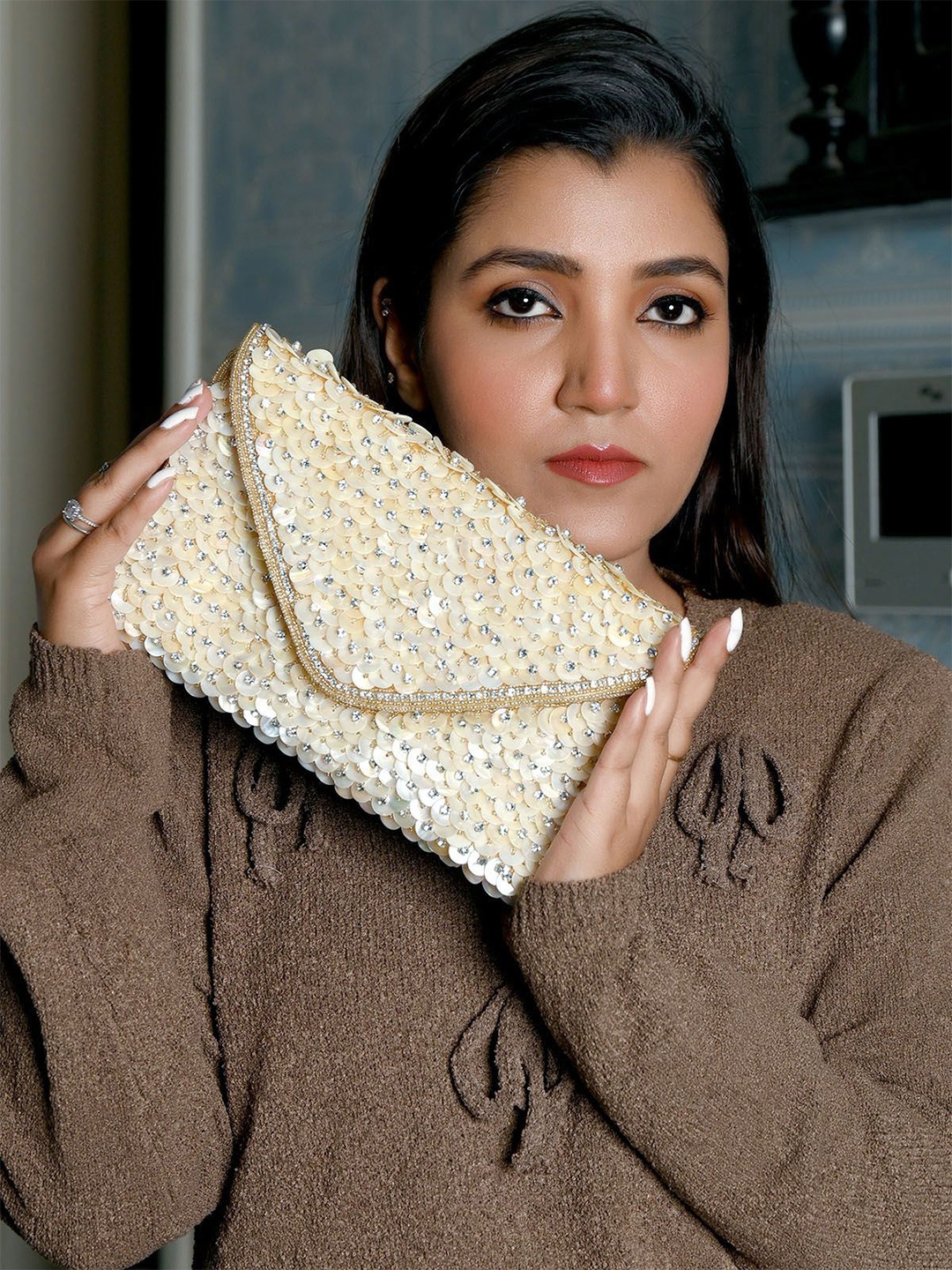 

ODETTE Jute Mother Of Pearl Embellished ad work With Silver Stone Envelope Clutch, Gold