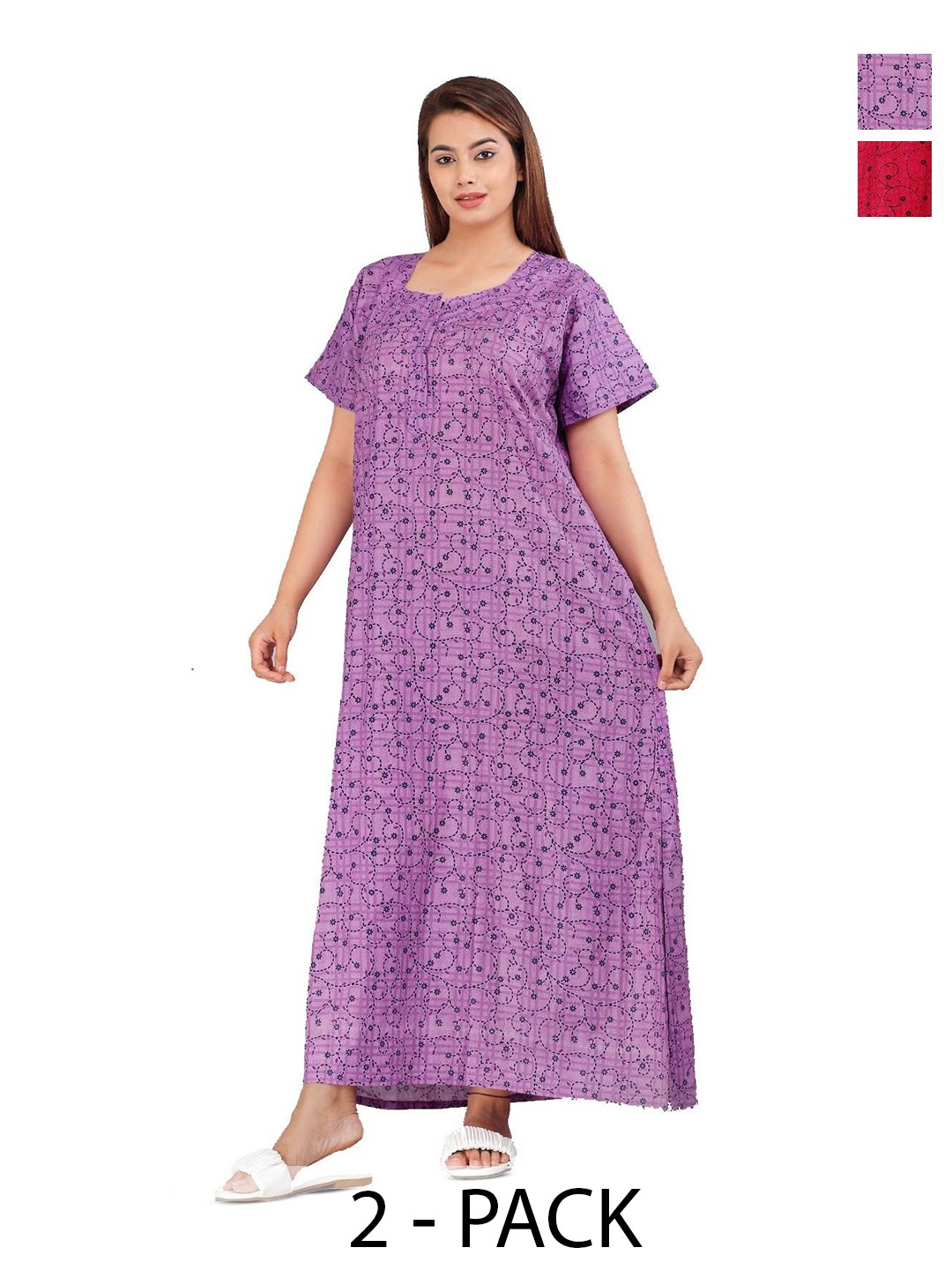 

PR PINK ROYAL Women Pack of 2 Floral Printed Pure Cotton Maxi Nightdress, Purple