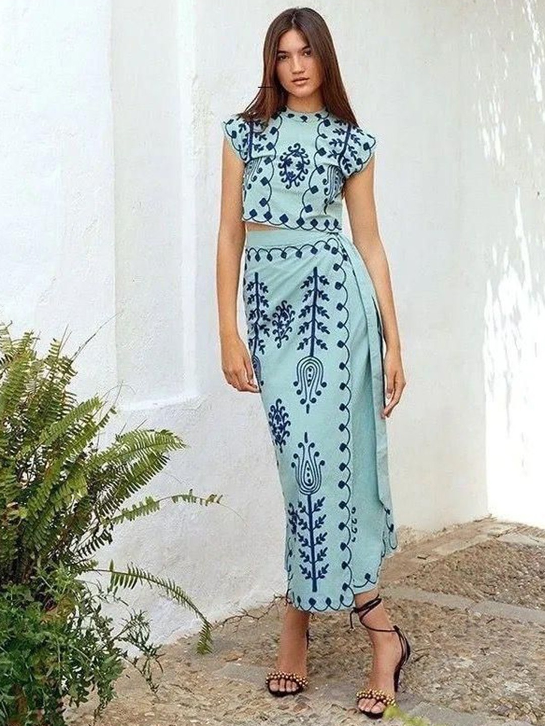 

Alamode By Akanksha Blue Florine Summer Set Of Pure Cotton Top And Skirt