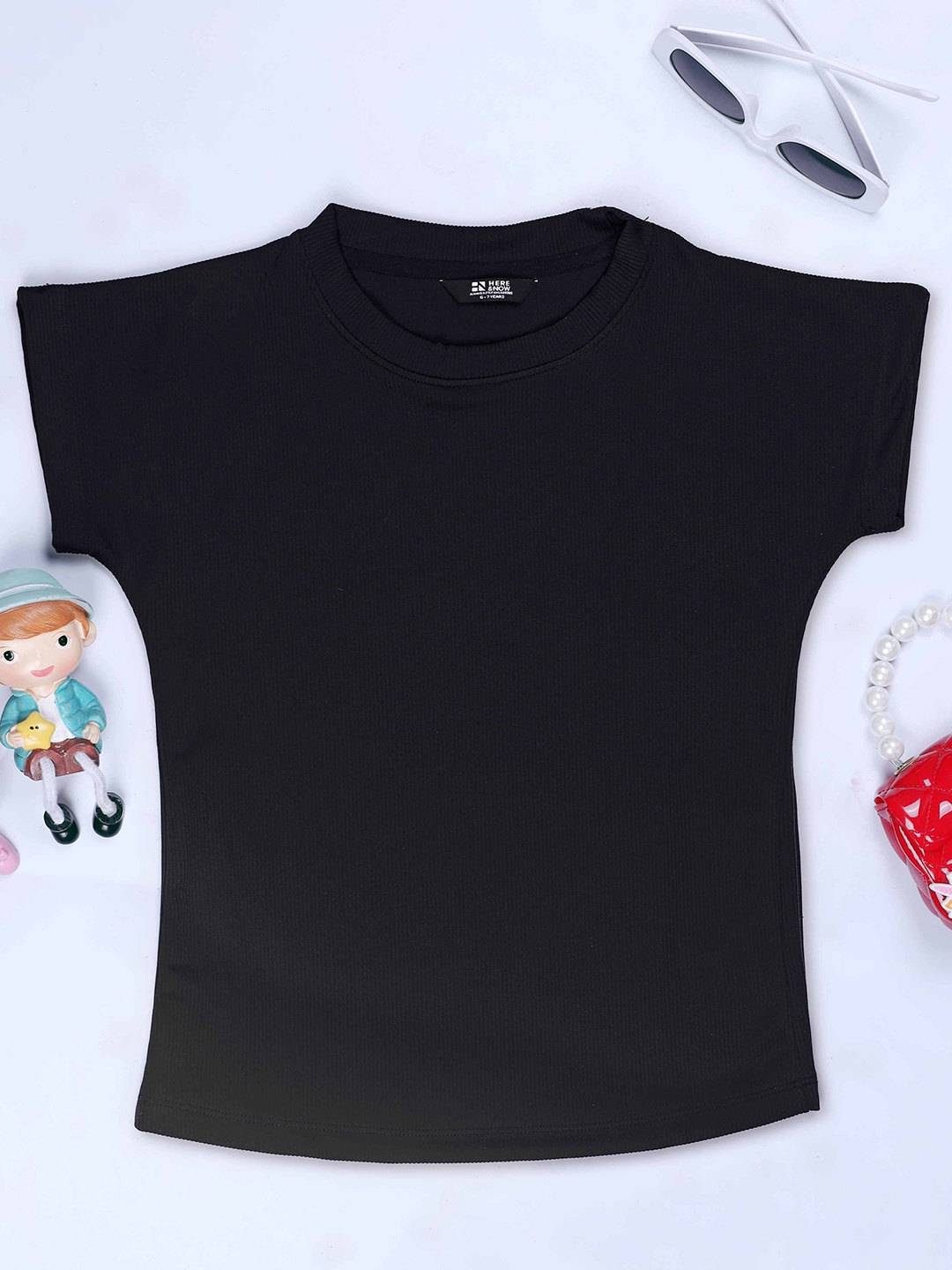 

YK Girls High Neck Extended Sleeves Applique T-shirt, Black