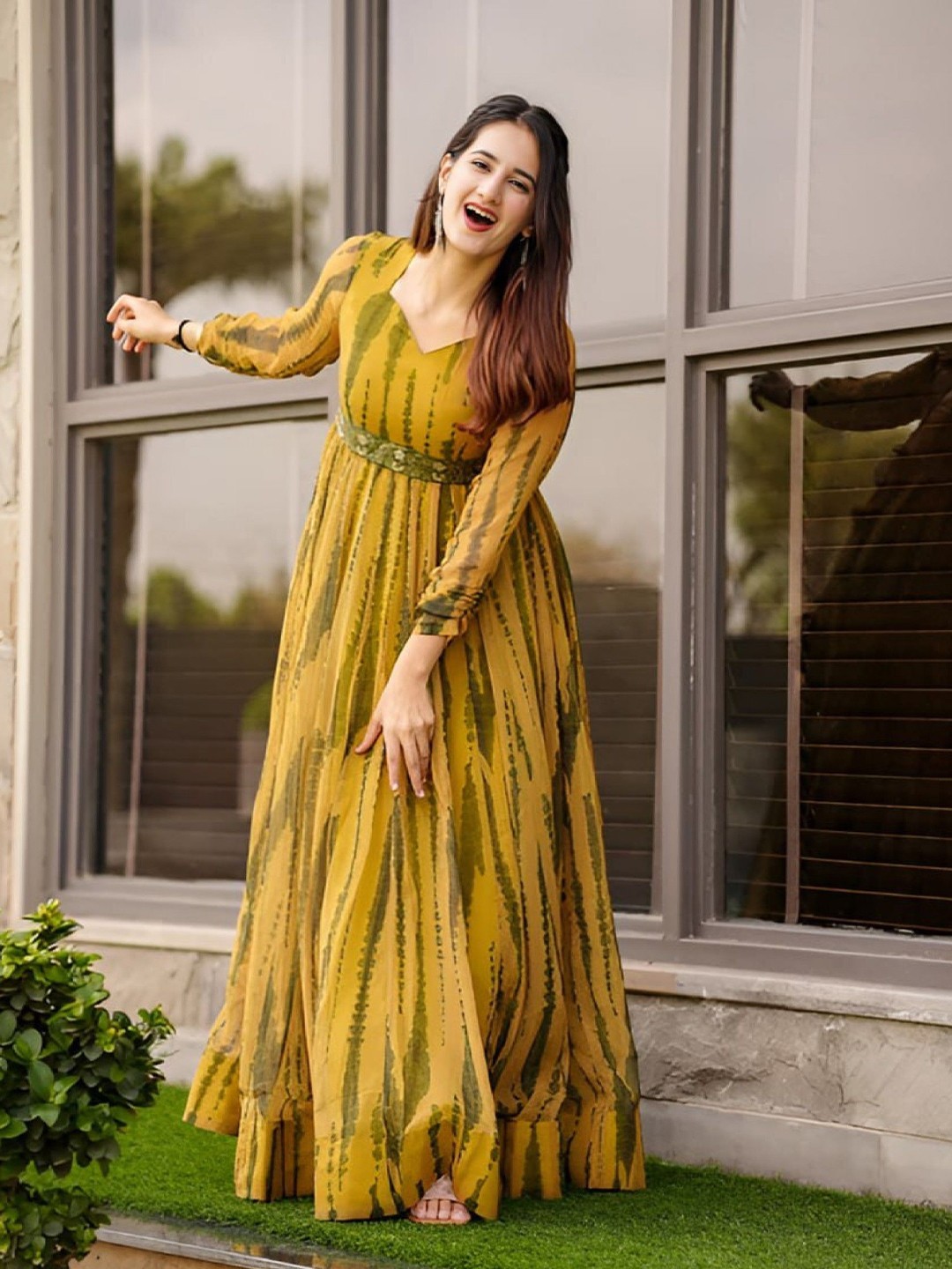

Femvy Print Crepe Fit & Flare Maxi Dress, Yellow