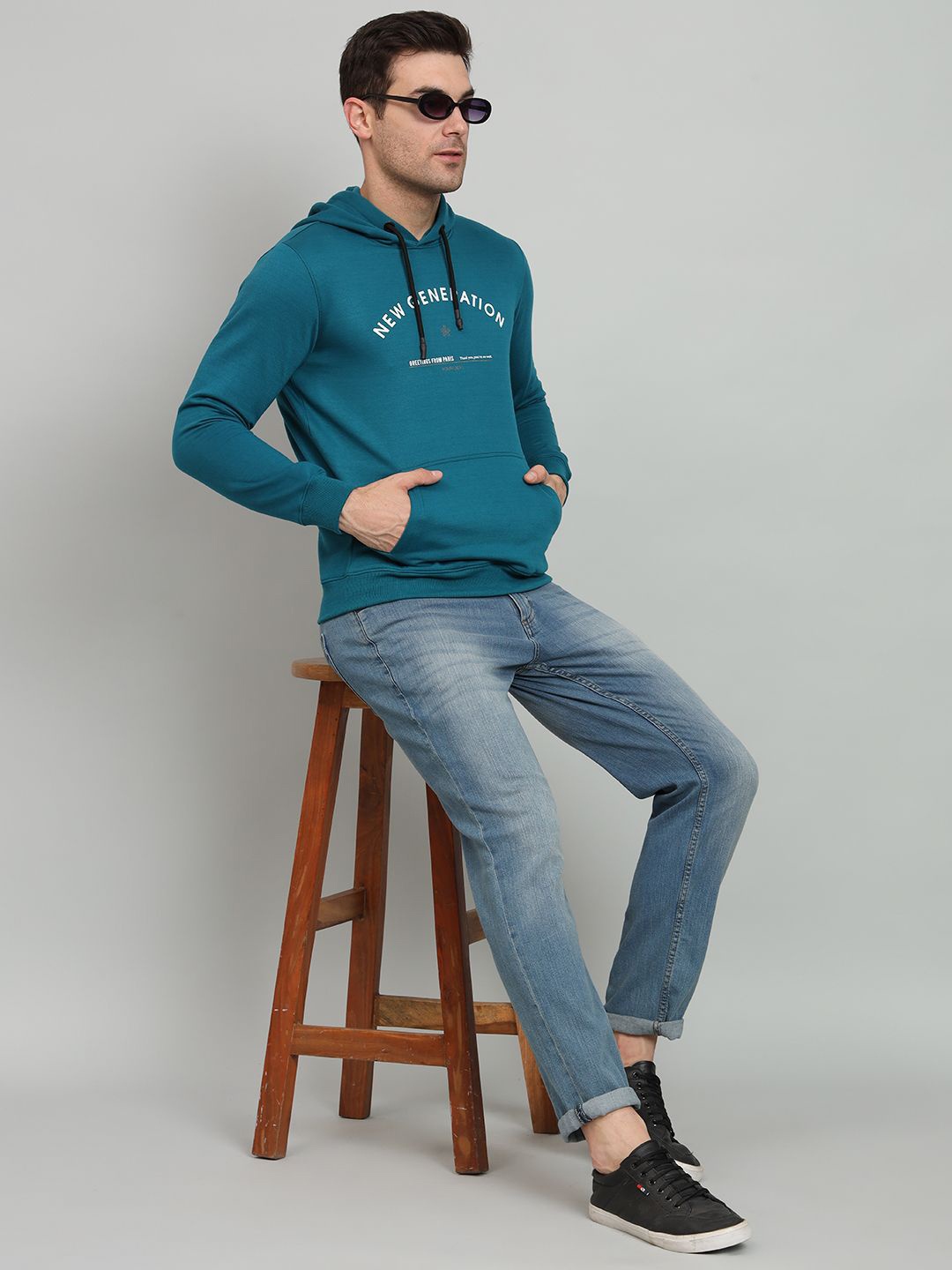 

OGEN Men Printed Hooded Pullover Sweatshirt, Teal