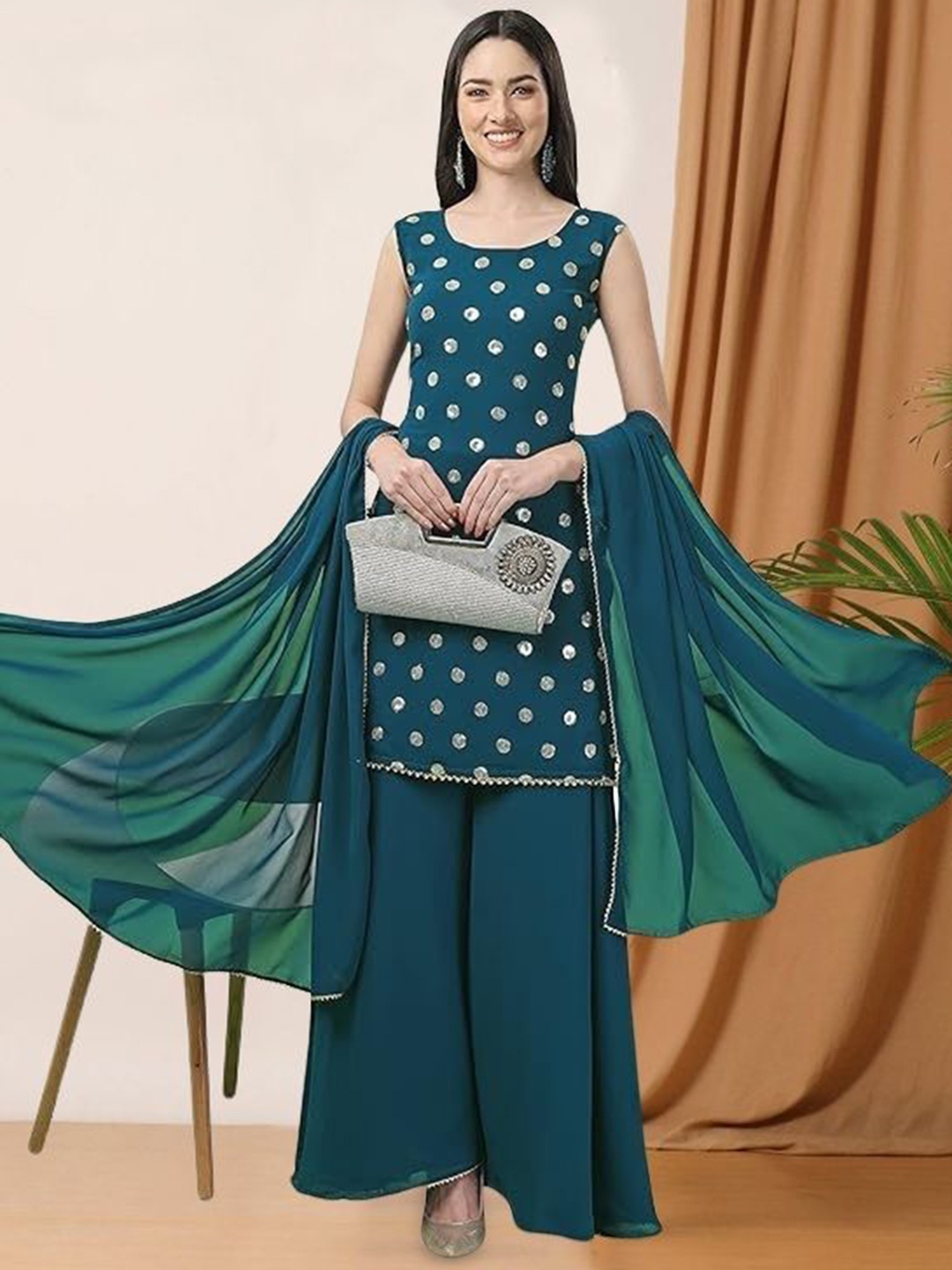 

PARROT CREATION Geometric Embroidered Sequinned Georgette Kurti with Sharara And Dupatta, Turquoise blue