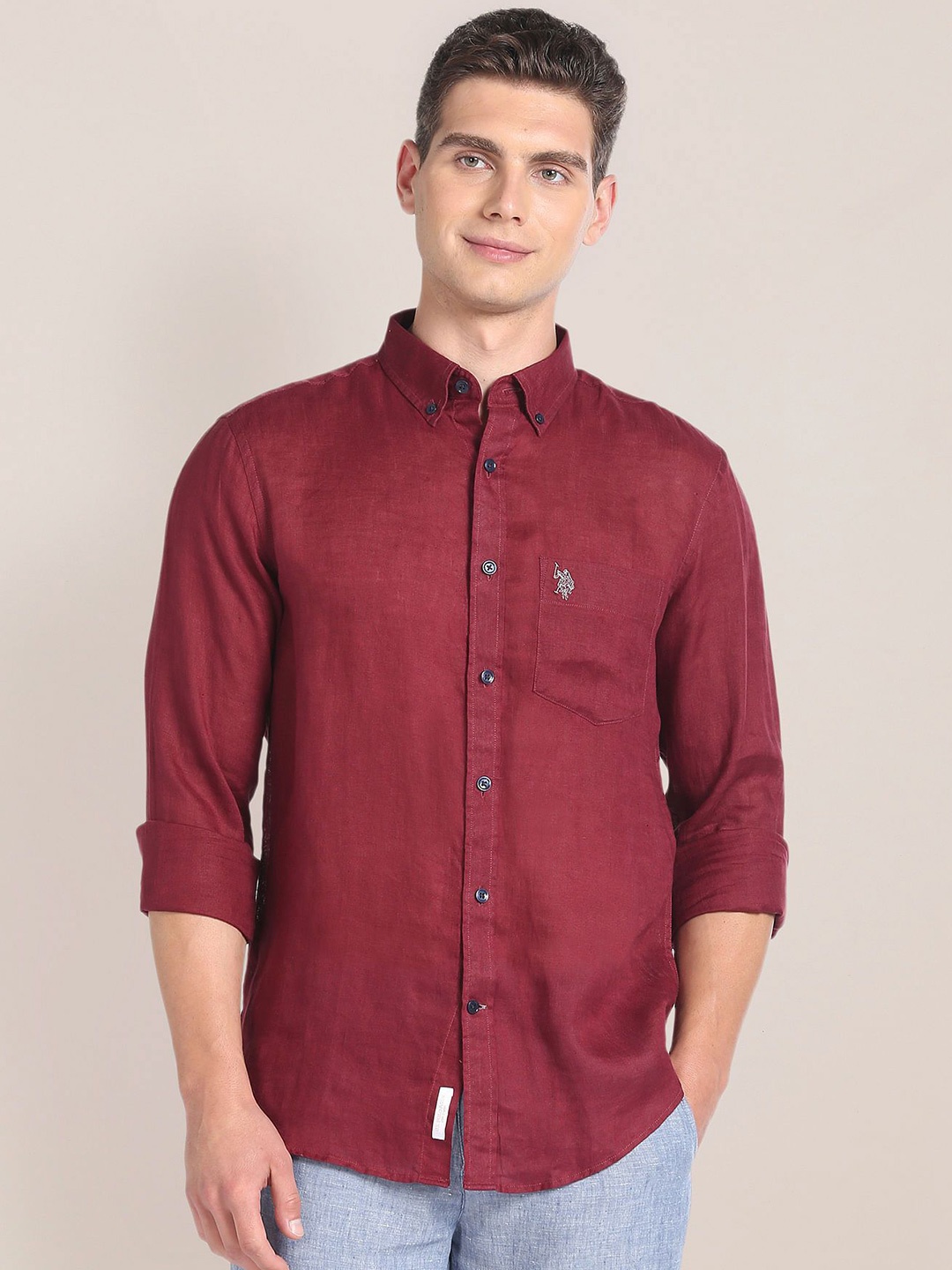 

U.S. Polo Assn. Men Slim Fit Button-Down Collar Solid Linen Casual Shirt, Red