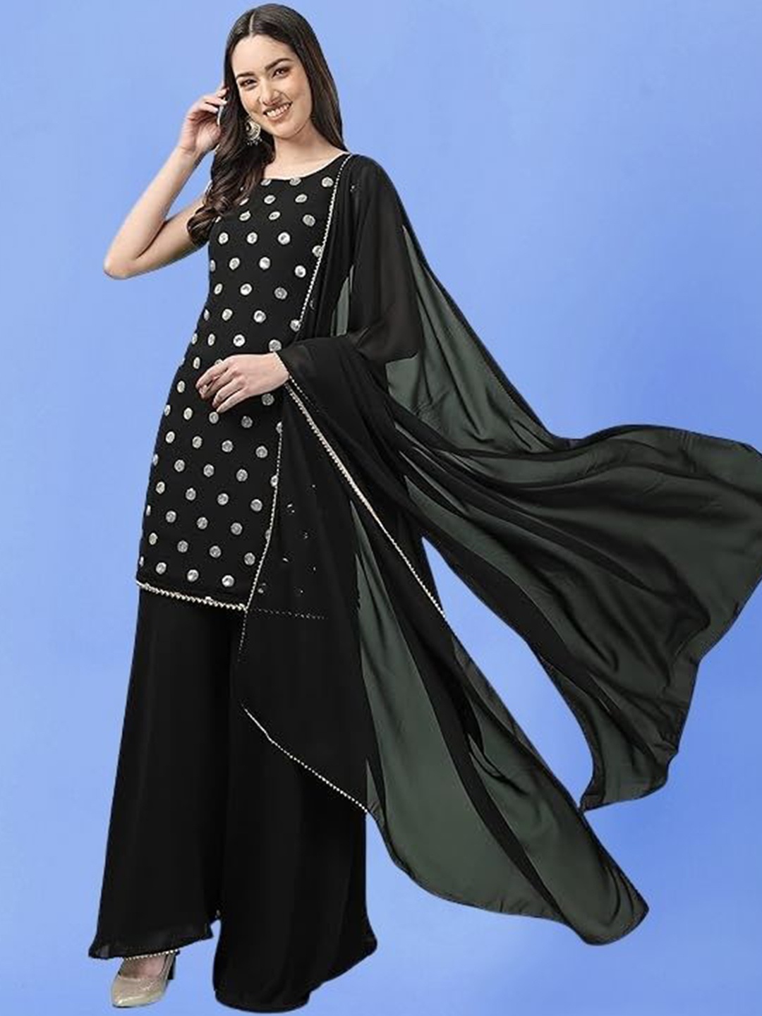 

PARROT CREATION Geometric Embroidered Sequinned Georgette Kurti with Sharara And Dupatta, Black