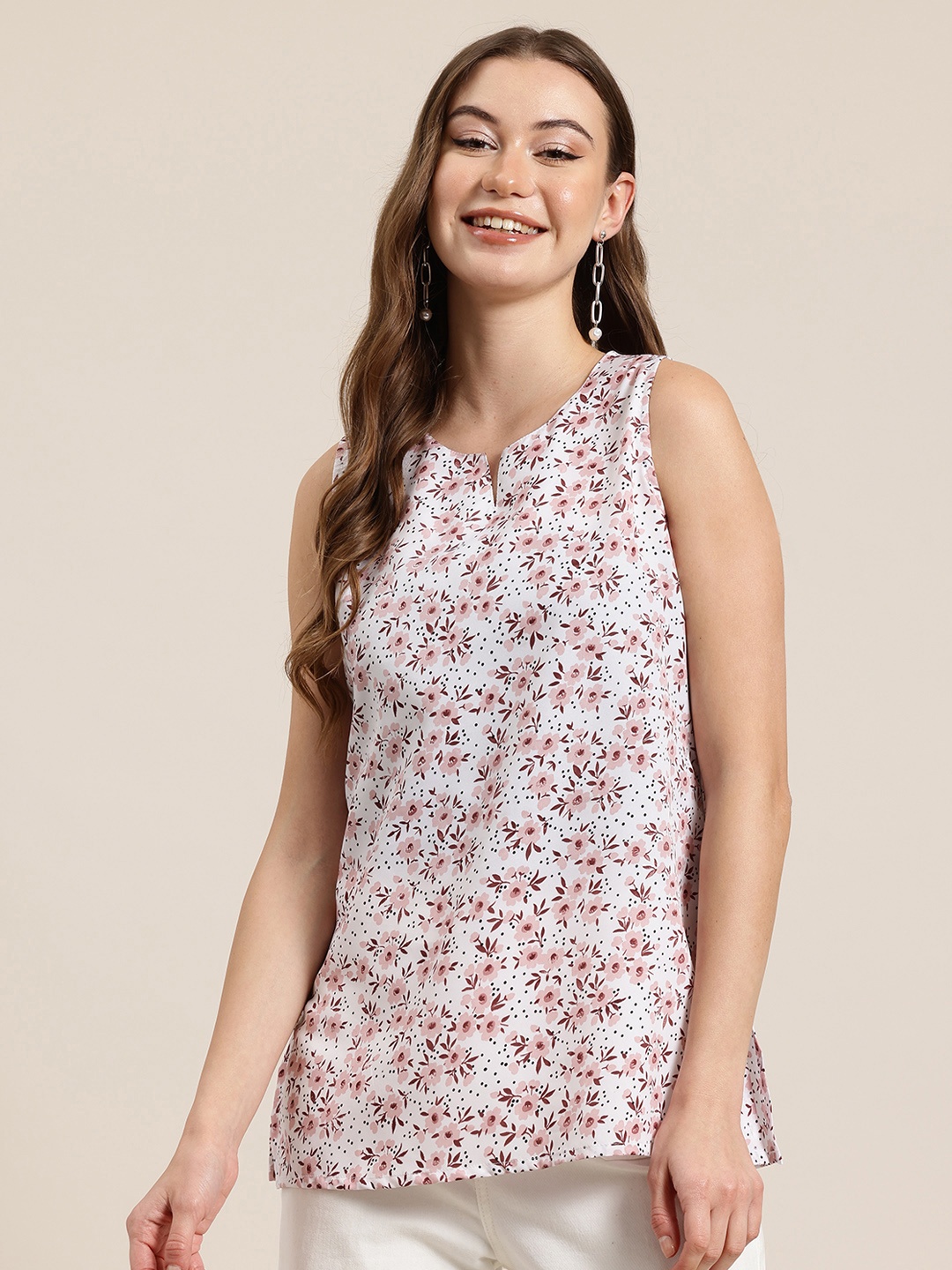 

HERE&NOW Floral Printed Notched Neck Kurti, Pink