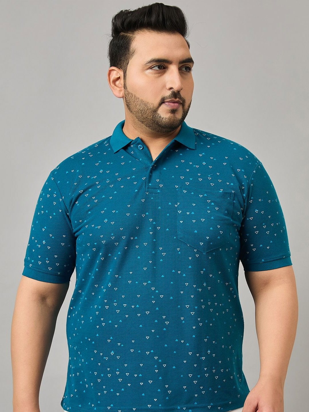 

NYKER Men Plus Size Geometric Printed Polo Collar Cotton T-shirt, Blue