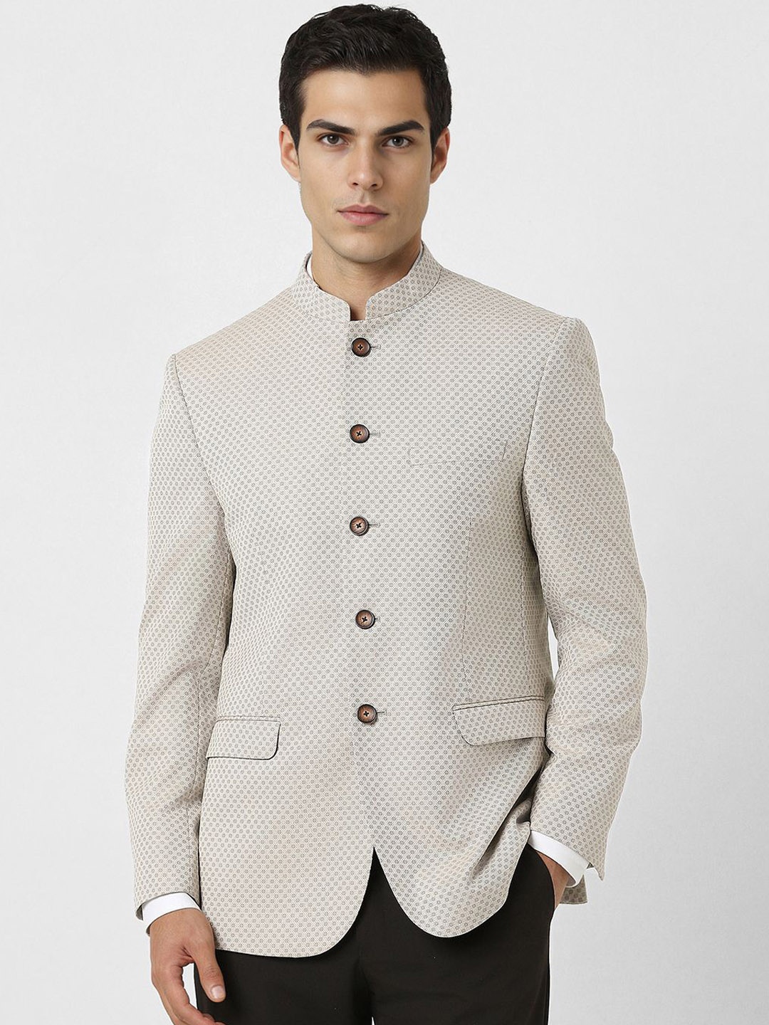 

V Dot Mandarin Collar Woven Design Slim Fit Blazer, Beige