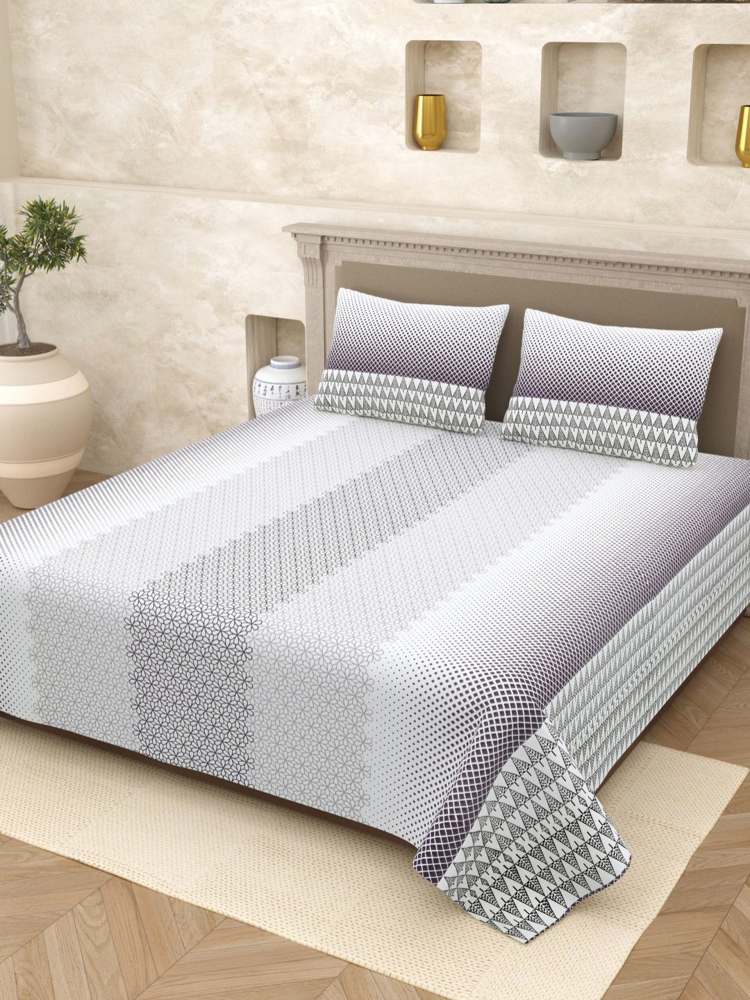 

Myntra Elegant Homes White Printed Pure Cotton 210 TC Queen Bedsheet Set 2.65m x 2.20m