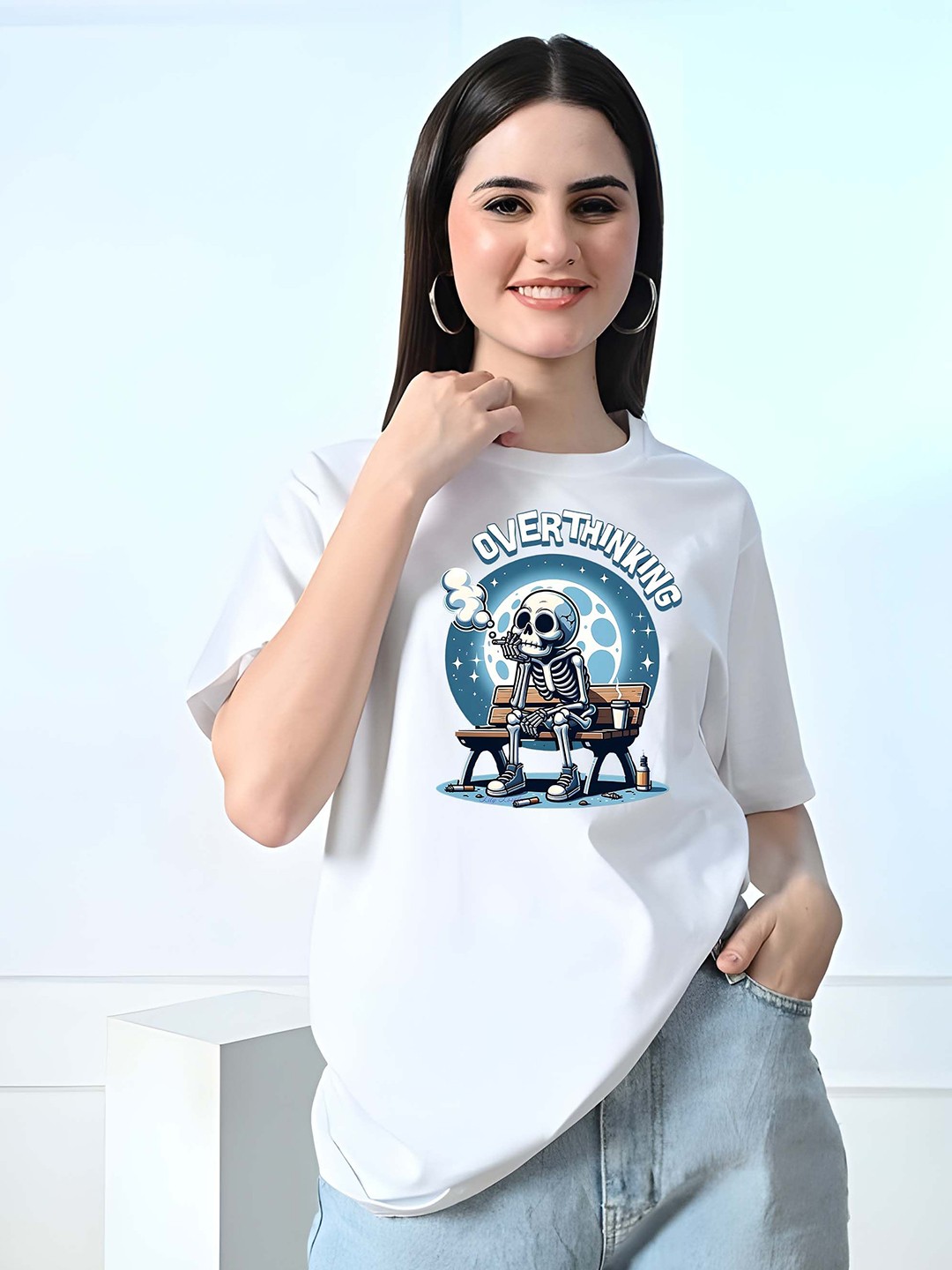 

SZN Women Graphic Printed Round Neck Cotton Oversized T-shirt, White