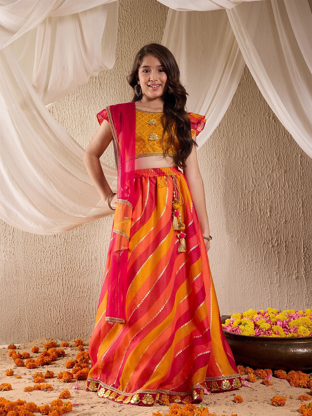

pspeaches Girls Woven Design Flutter Sleeves Gotta Patti Ready to Wear Lehenga Choli, Red