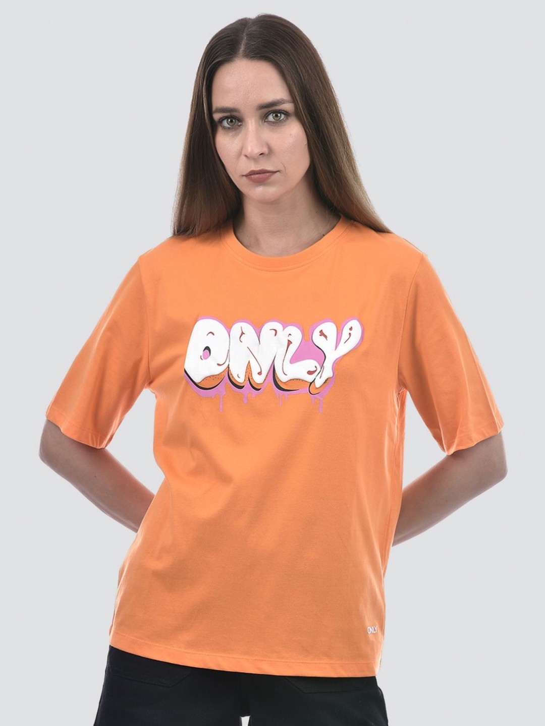

ONLY Women Typography Printed Round Neck Cotton Oversized T-shirt, Orange
