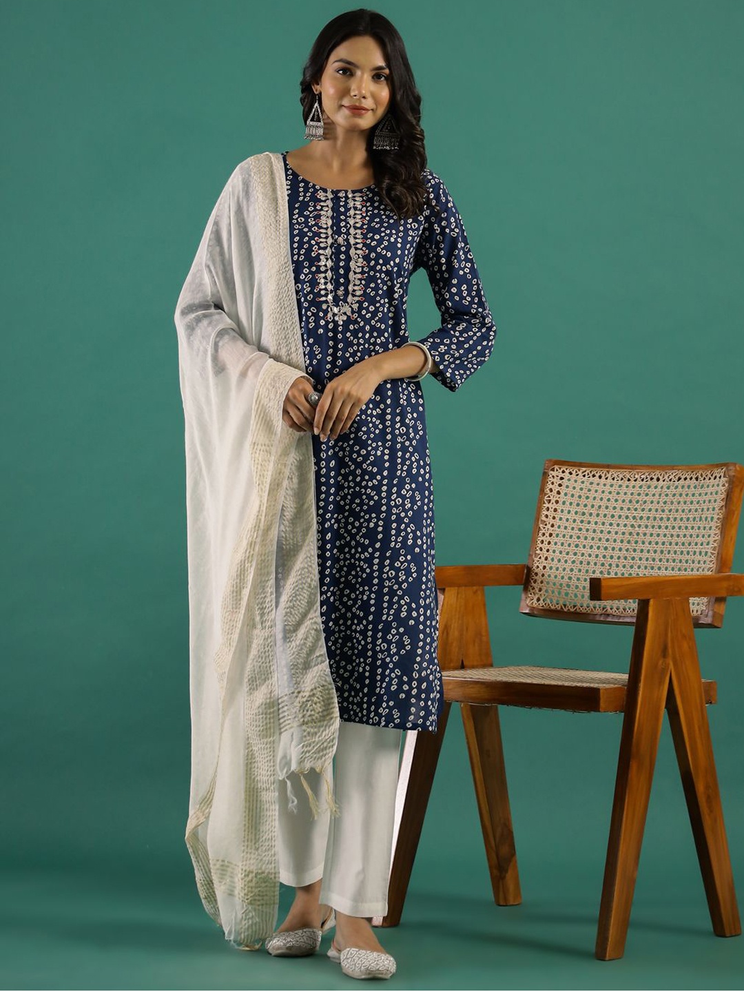 

Sangria Blue Printed Round Neck Straight Kurta With Trouser & Dupatta