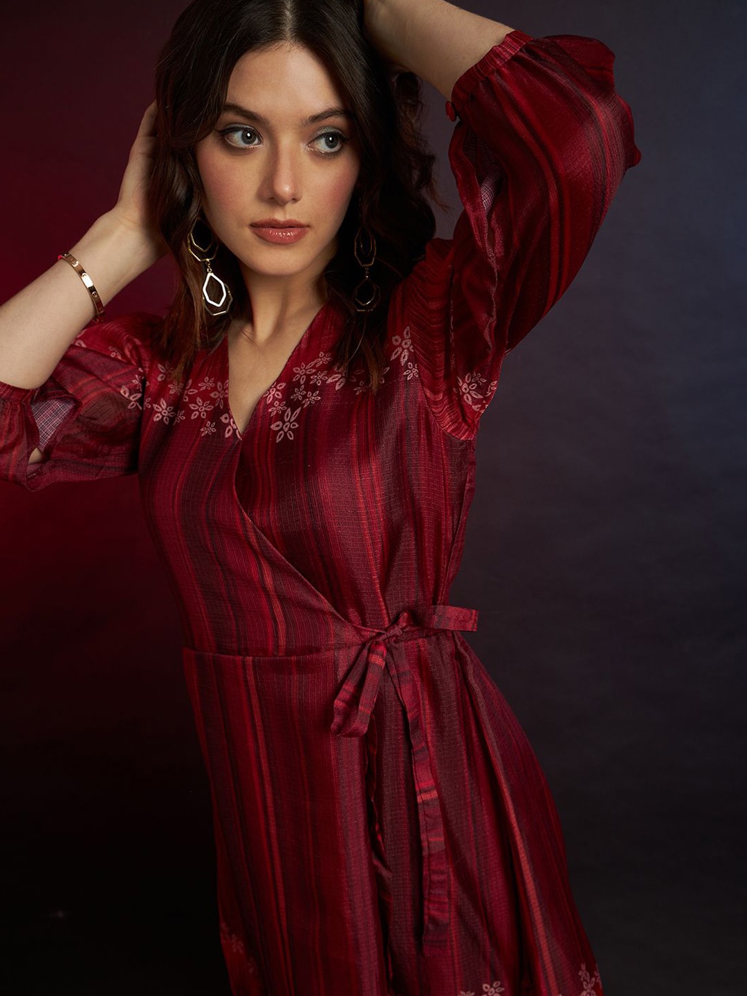 

DressBerry Women Floral Printed Wrap Midi Dress, Maroon