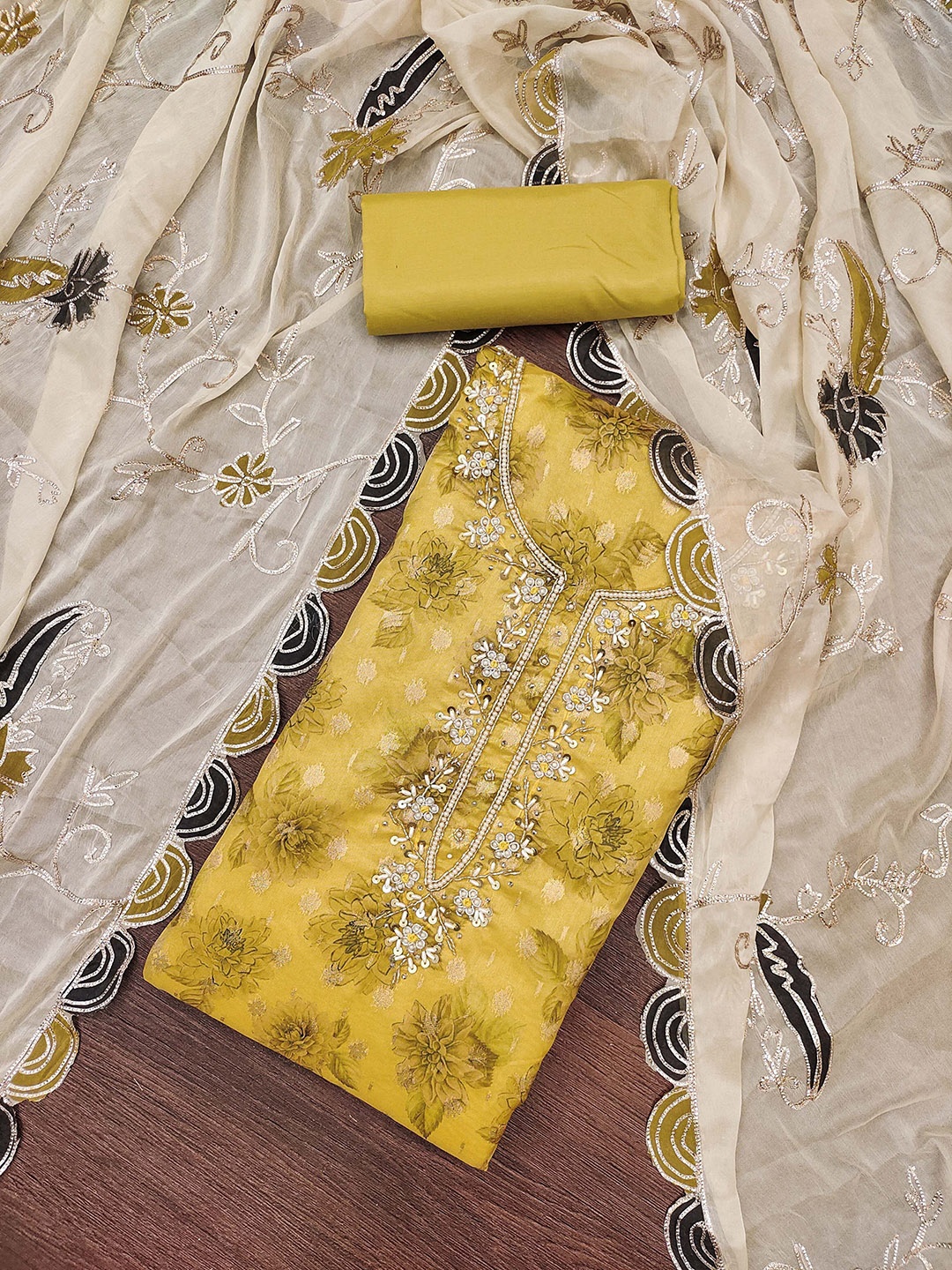 

HERE&NOW Floral Embellished Beads And Stones Unstitched Dress Material, Mustard