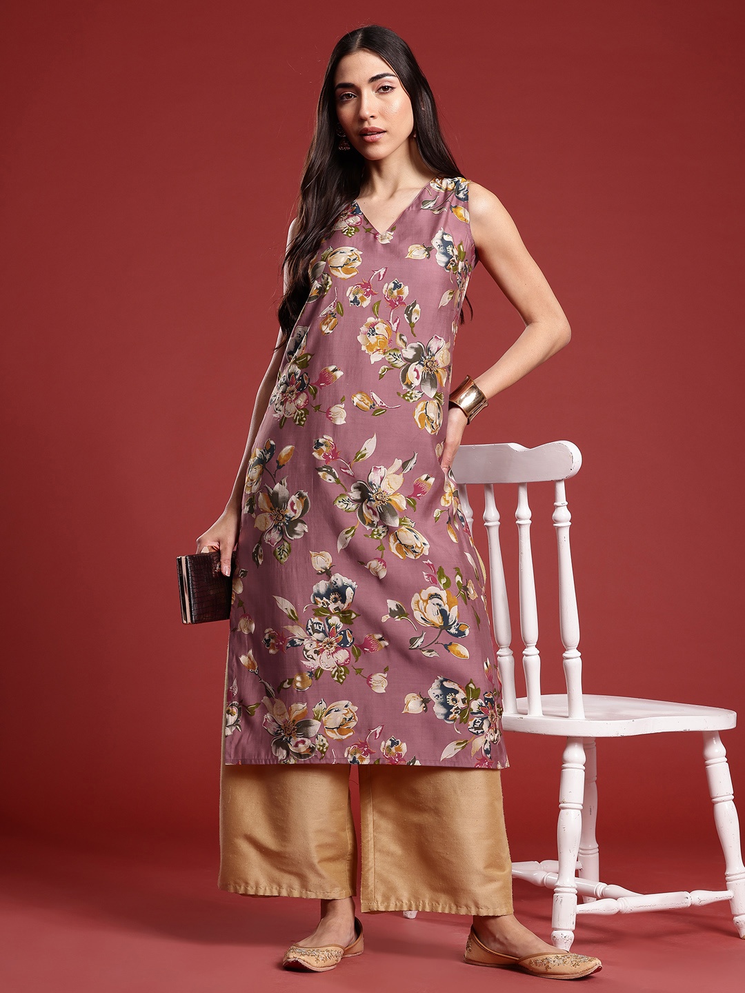 

Anouk Floral Printed Straight Kurta, Mauve