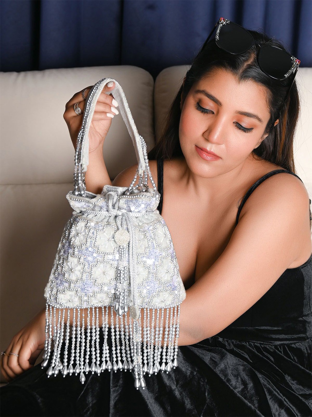 

ODETTE Embellished Comprehensive With Metallic Sequins and Bead Work Potli Clutch, Grey