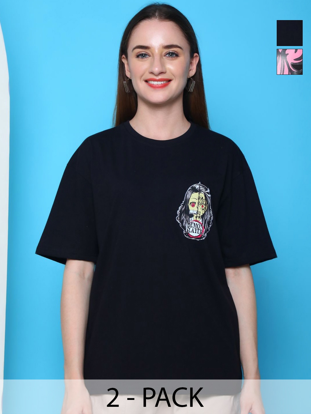 

Dreambe Women Pack Of 2 Graphic Printed Round Neck Cotton Oversized T-shirts, Black