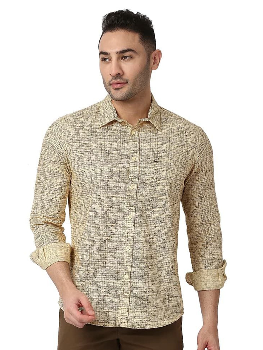 

Basics Men Relaxed Fit Spread Collar Abstract Printed Cotton Casual Shirt, Beige