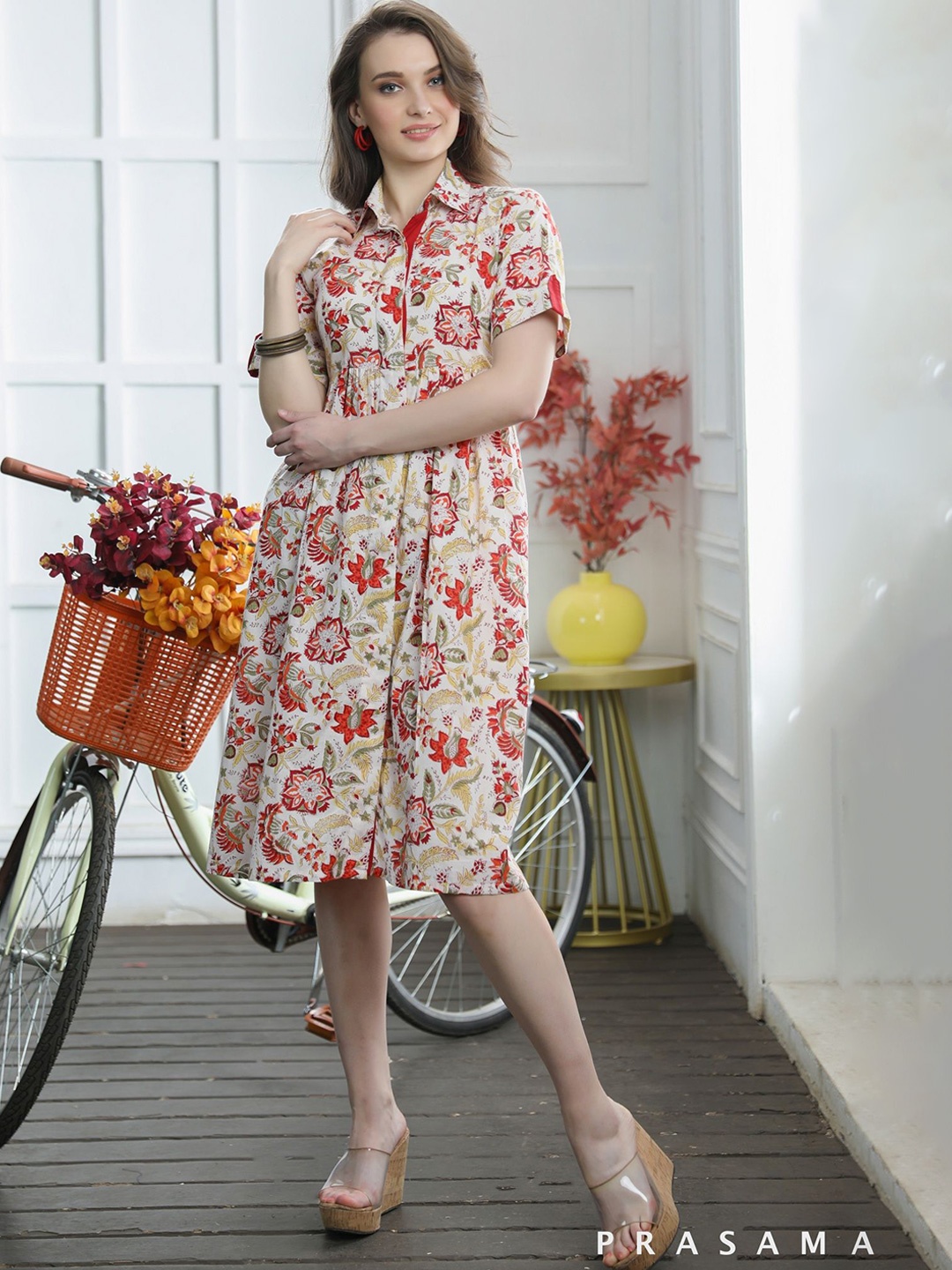 

Prasam Women Floral Printed Cotton Shirt Midi Dress, White