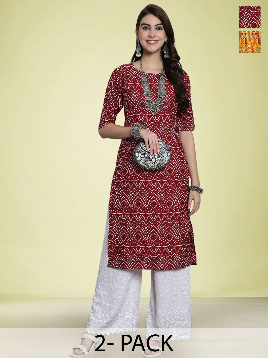 

Moda Rapido Set of 2 Ethnic Printed Round Neck Straight Kurtas, Maroon