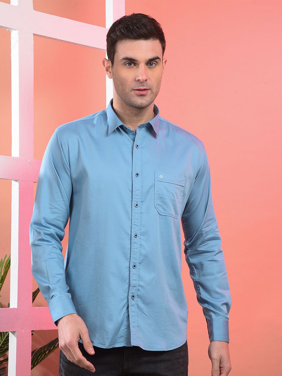 

COBB Men Spread Collar Solid Elastane Casual Shirt, Blue